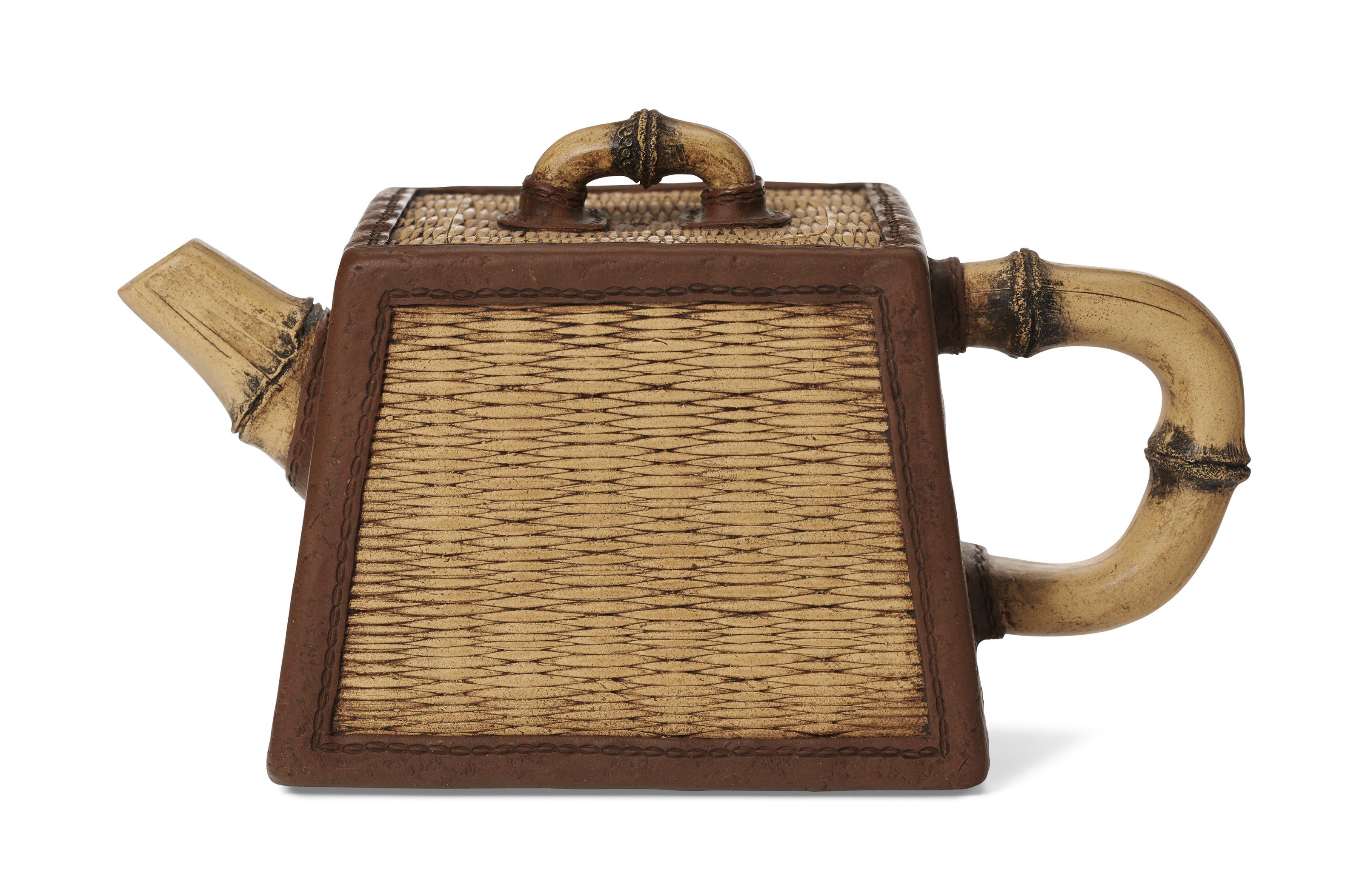 A BASKETFORM YIXING TEAPOT AND COVER, 'WICKER BASKET WITH BAMBOO', LU