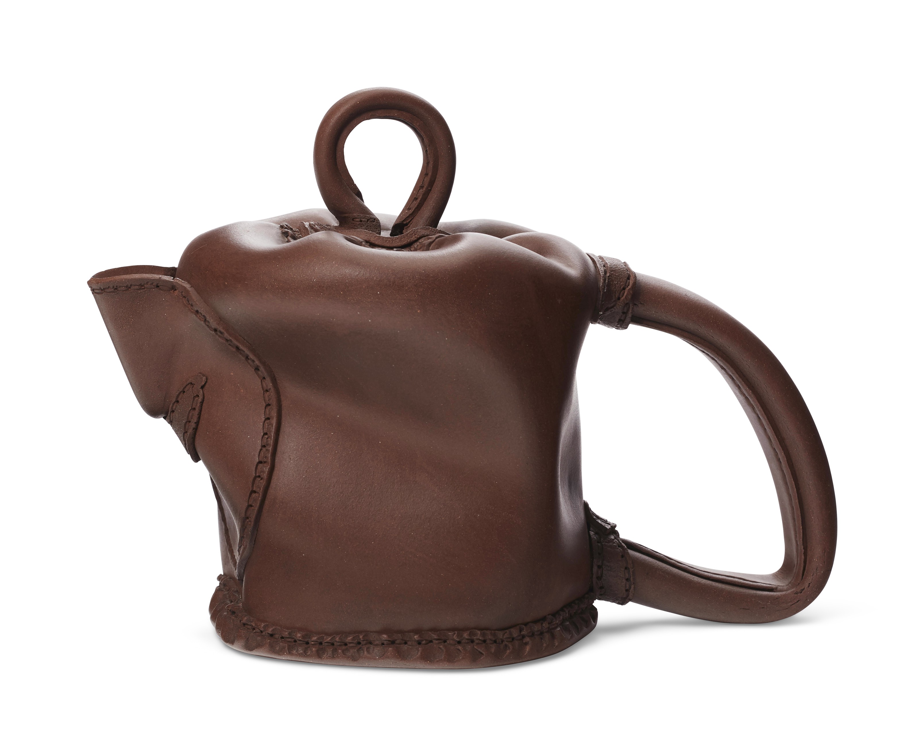 A LARGE YIXING TEAPOT AND COVER IMITATING A SEWN LEATHER POUCH, 'LOOP