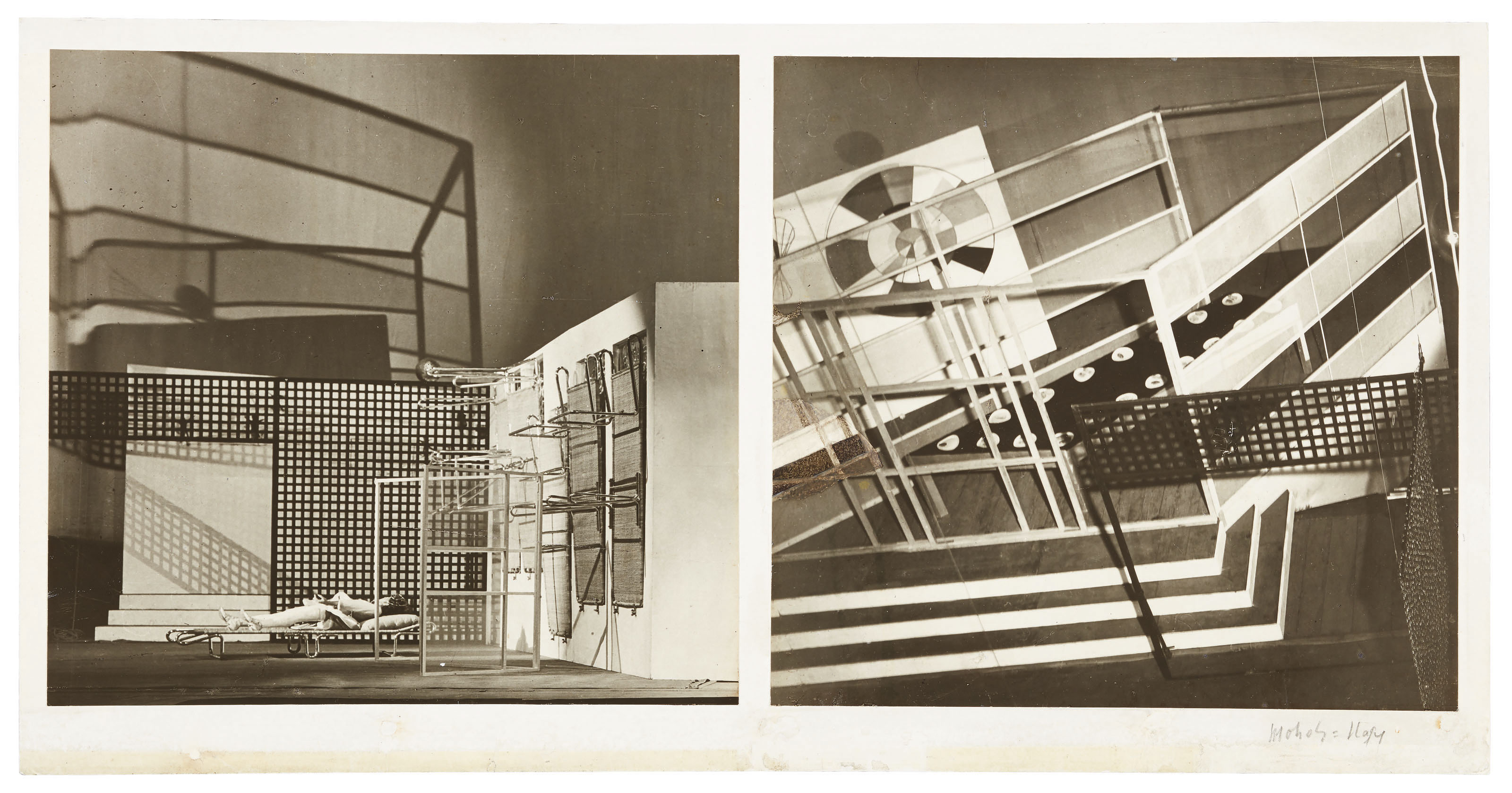 Lucia Moholy (1894&ndash;1989), Stage set for L&aacute;szl&oacute; Maholy-Nagy&rsquo;s Tales of Hoffman, Berlin, 1929. Mount: 11⅞ x 23&frac14;  in (29.6 x 50.9  cm). Estimate: $20,000-30,000. Offered in The Face of the Century: Photographs from a Private Collection on 2 April 2019 at Christie&rsquo;s in New York