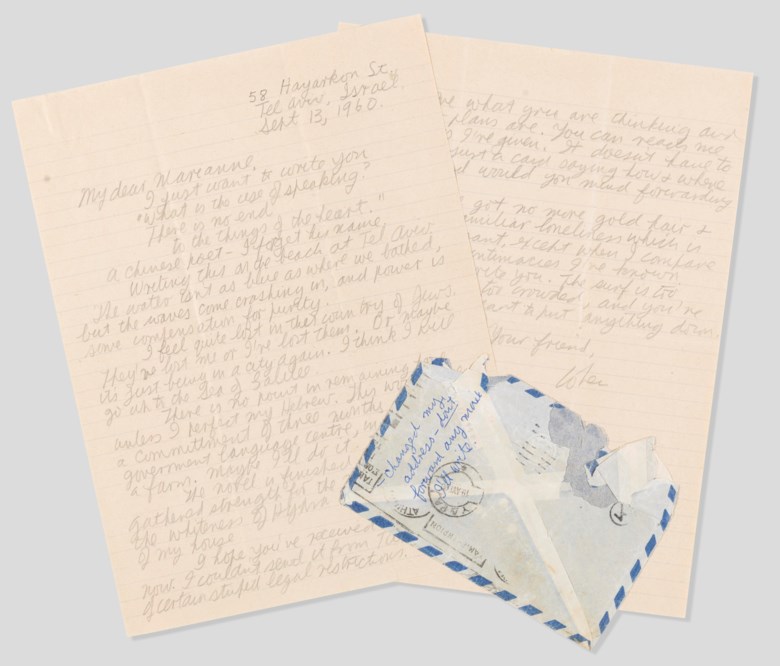 Leonard Cohen (1934-2016), From Tel Aviv with love, Tel Aviv, 13 September 1960. Autographed letter signed (‘Cohen’) to Marianne Ihlen. Sold for $20,000 in Write Me and Tell Me Your Heart Leonard Cohen’s Letters to Marianne, 5-13 June 2019, Online