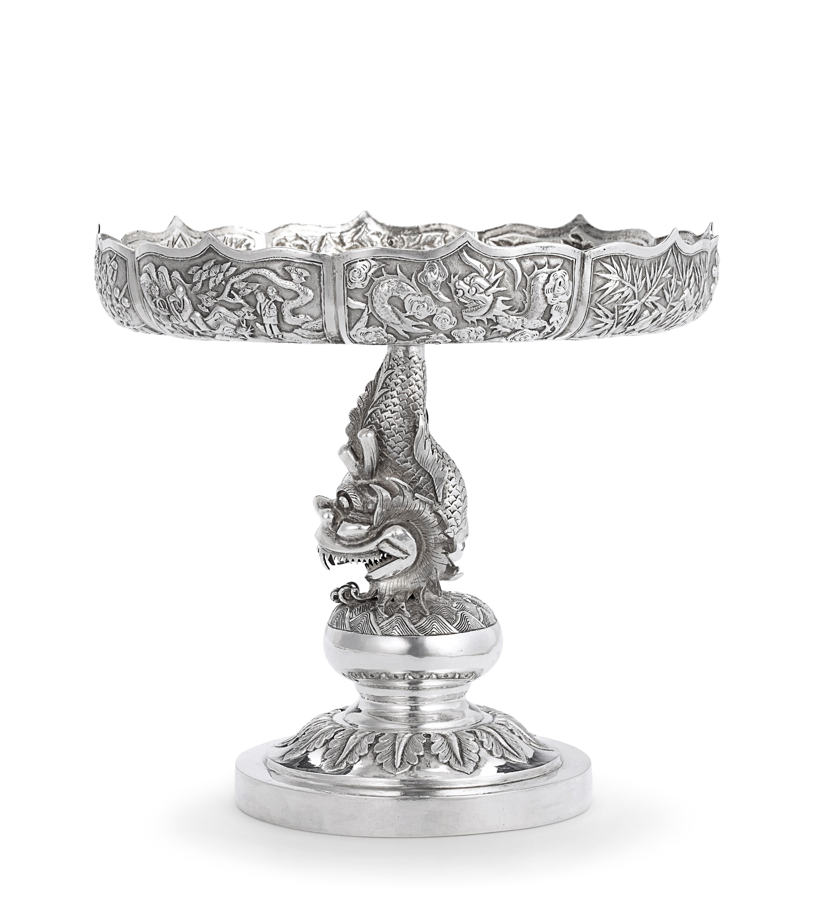 A Chinese export silver tazza, probably Bao Sheng, Canton, retailed by Wang Hing &amp; Co., Hong Kong, late 19th century. 7&frac12;&nbsp;in (19 cm) diameter. Estimate: $3,000-5,000. Offered in
Chinese and Japanese Export Silver Online: Property from the Collection of Myrna and Bernard Posner, Online, 15-22 August 2019