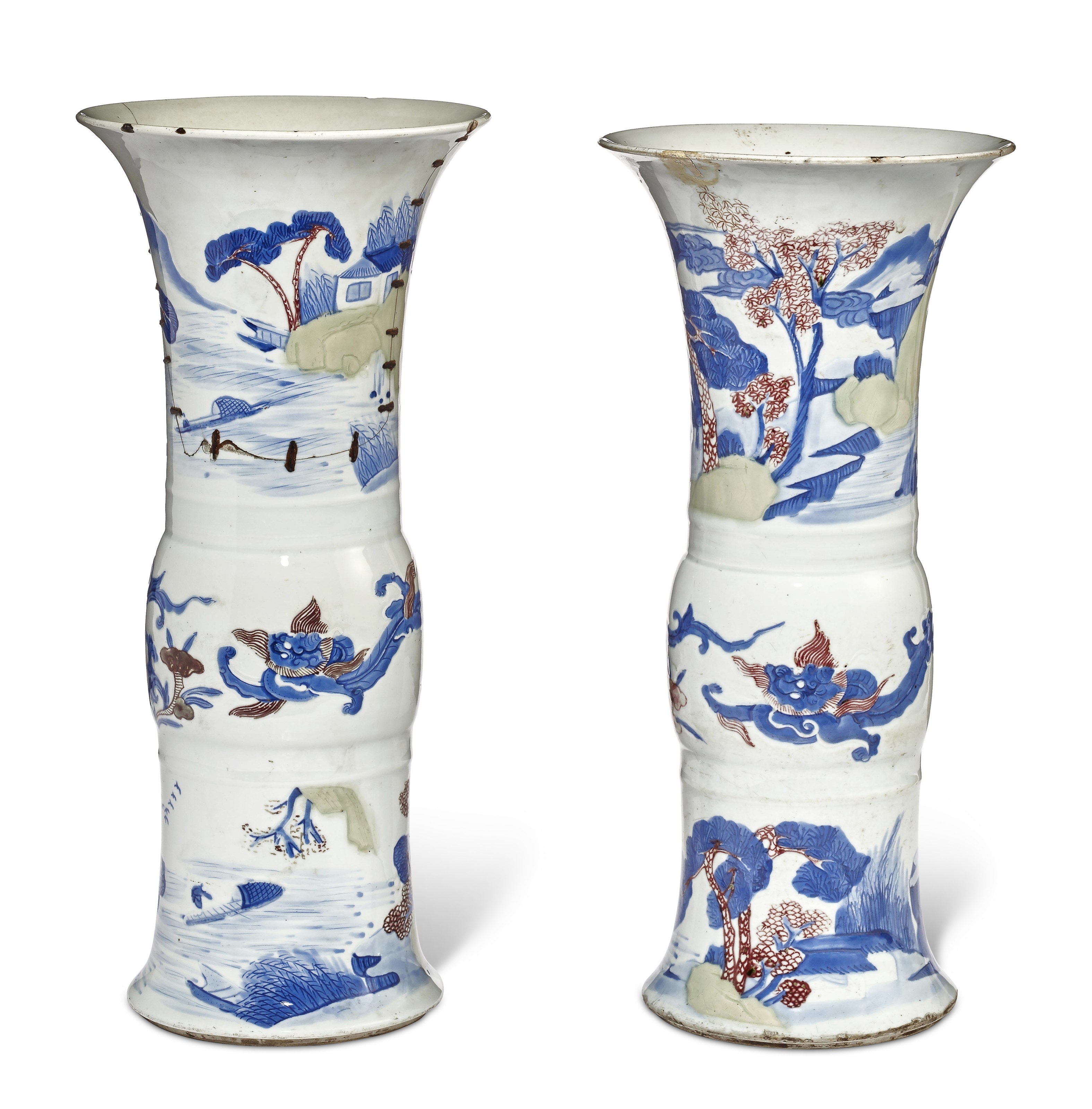 清康熙青花豆青釉裡紅山水圖觚式瓶兩件, KANGXI PERIOD (1662-1722