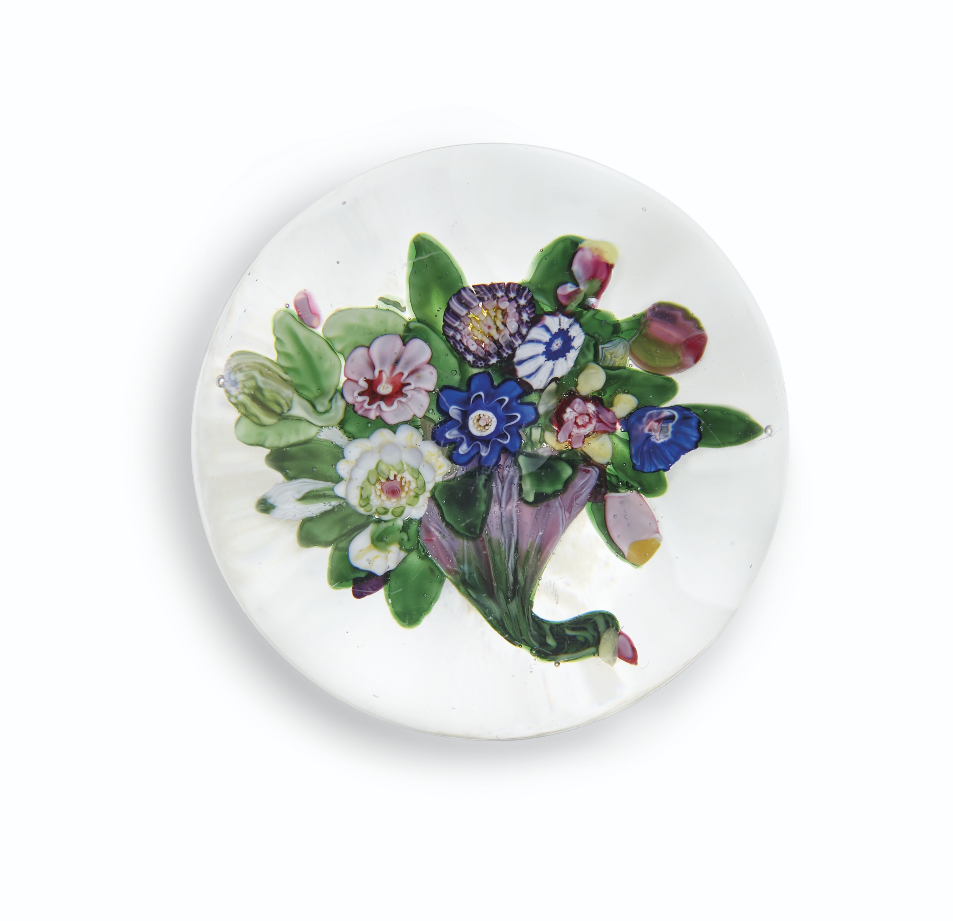 A Clichy glass cornucopia flat bouquet paperweight, mid-19th century. 3⅛ in (7.9 cm) diameter. Sold for $15,000 on 16 October at Christie&rsquo;s in New York