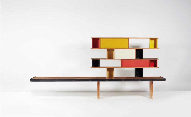 Charlotte Perriand (1903-1999) and Jean Prouvé (1901-1984), Bibliotheque Tunisie, 1952. 166 x 353.5 x 62.5 cm  65¾ x 139⅛ x 24⅝ in. Sold for €225,000 on 19 November 2019 at Christie’s in Paris. Artwork © Charlotte Perriand, DACS 2020.
