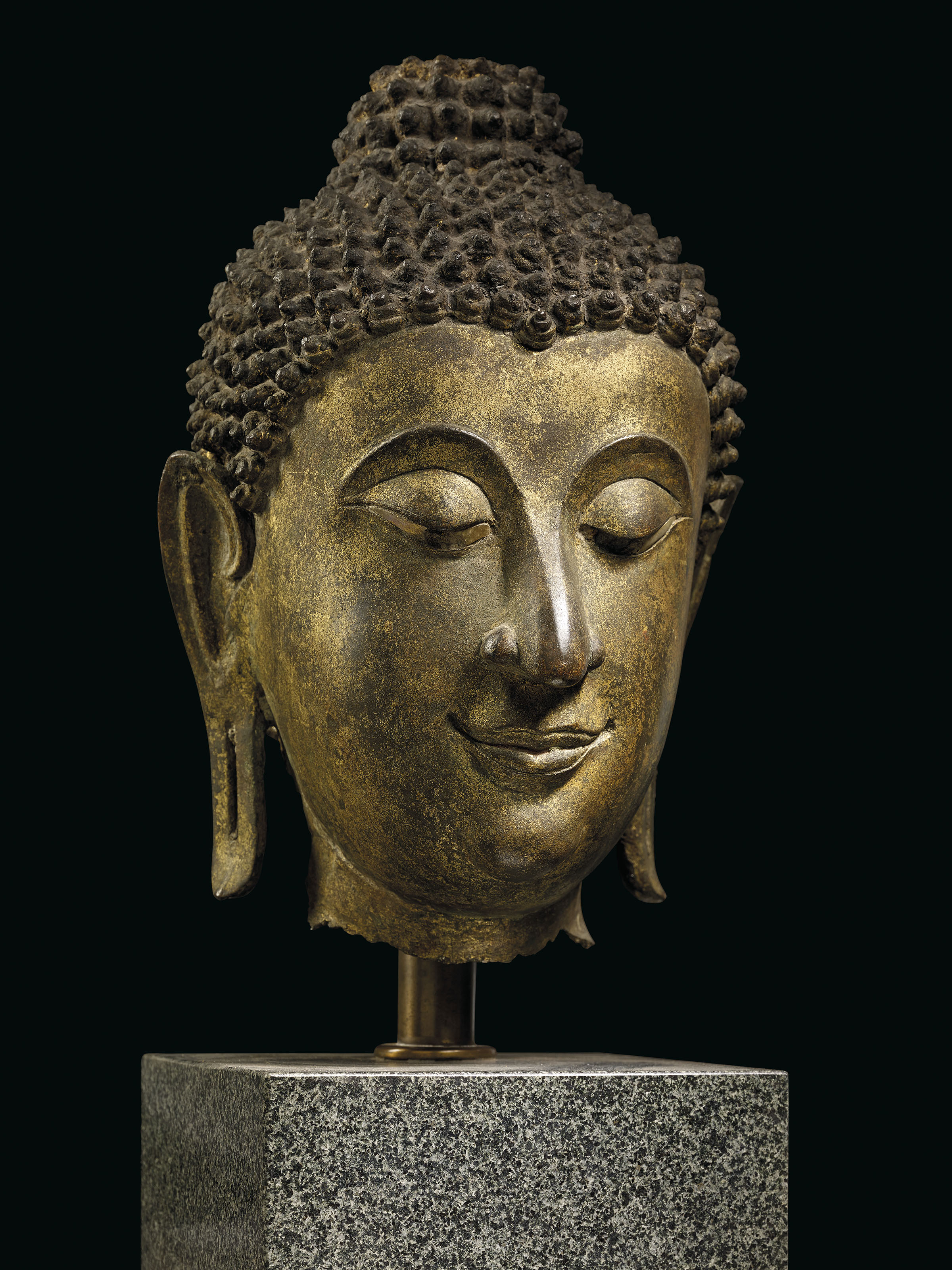 TETE DE BOUDDHA SHAKYAMUNI EN BRONZE LAQUE OR