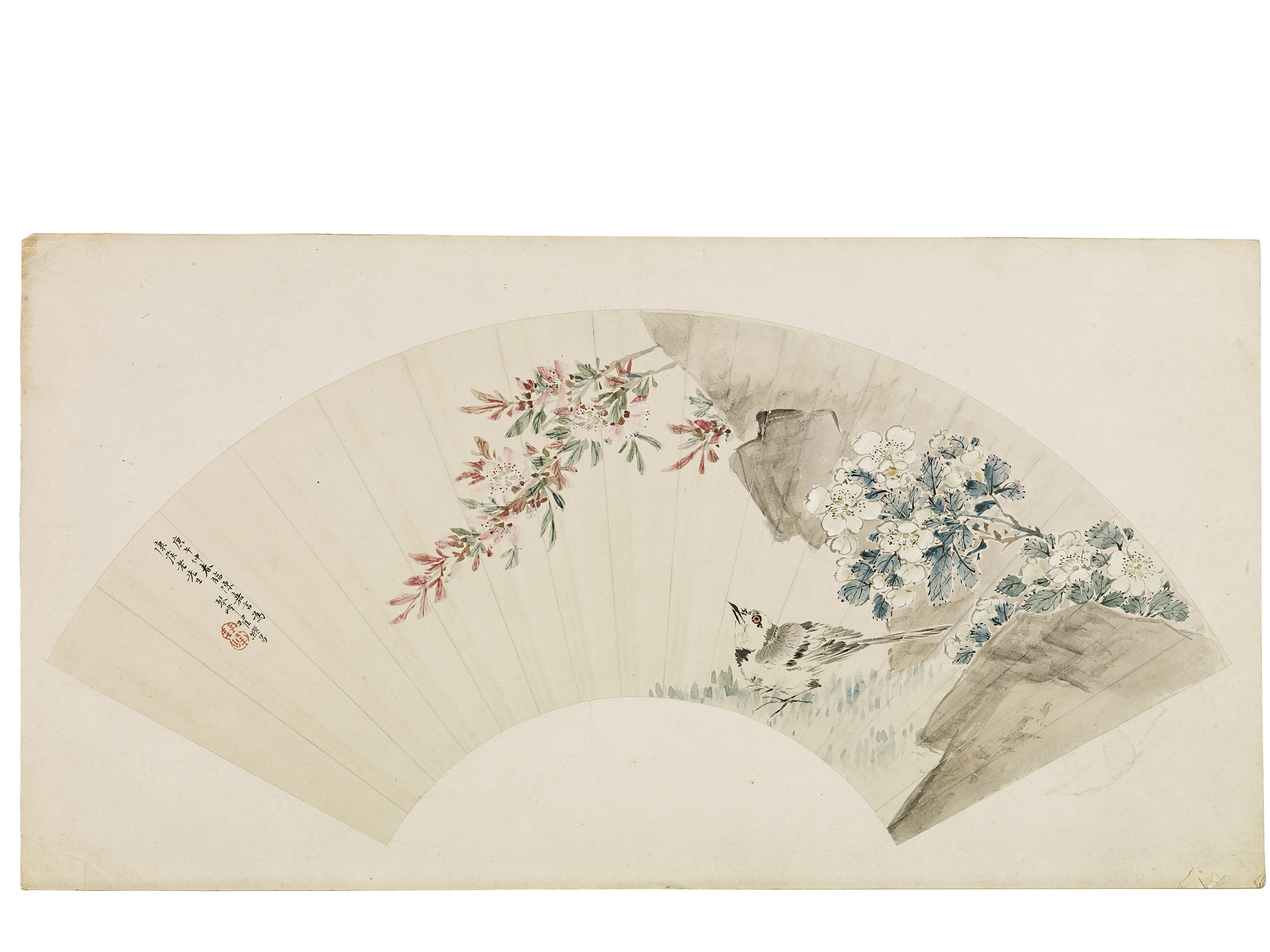 清翟繼昌花鳥設色紙本扇面題識 庚午仲春臨陳嘉言為 康侯老先生 琴峰翟繼昌 鈐印 琴峰來源 法國私人珍藏