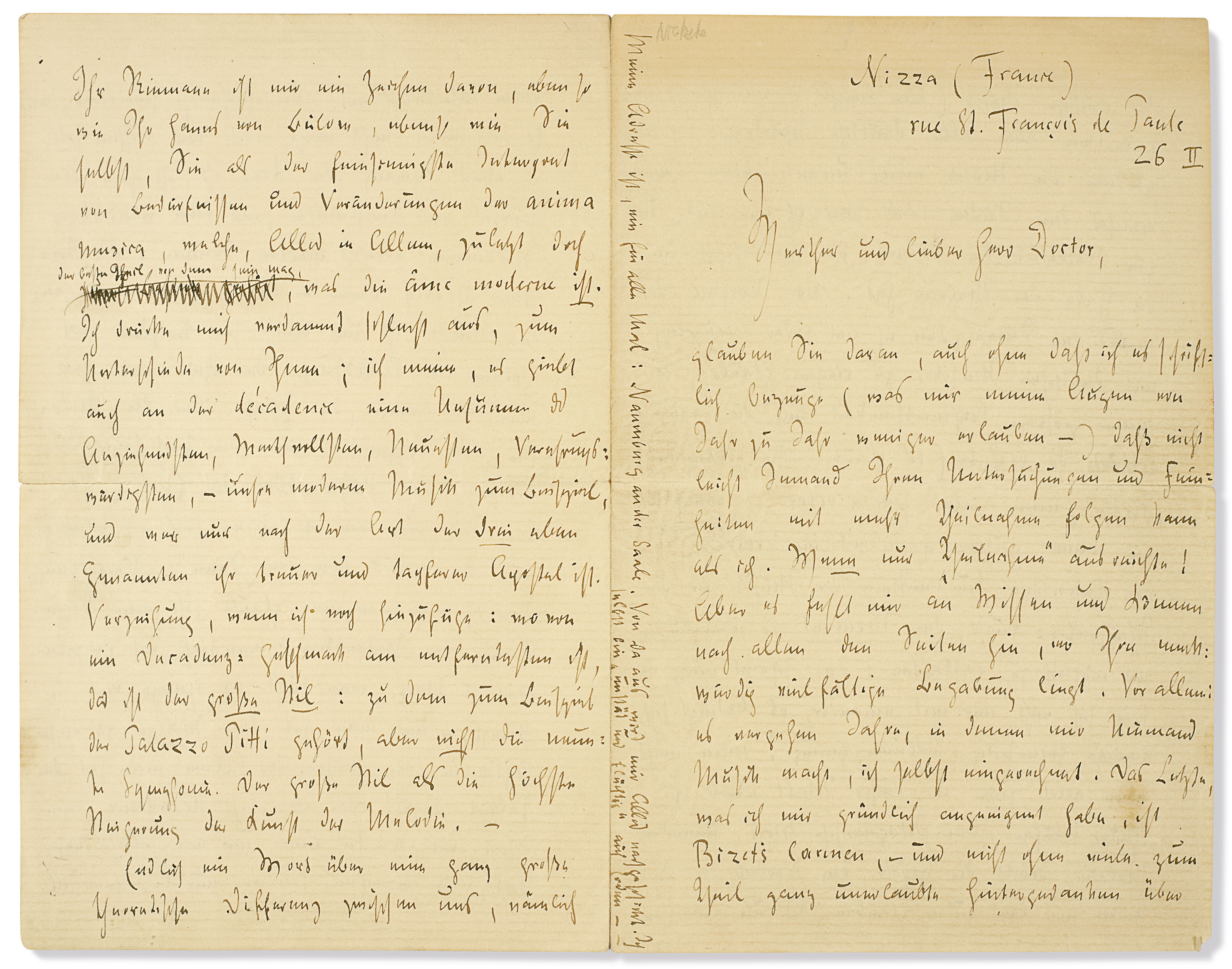 nietzsche friedrich 1844 1900 lettre autographe signee au critique musical pianiste chef d orchestre et compositeur carl fuchs 1838 1922 nice france avril 1886