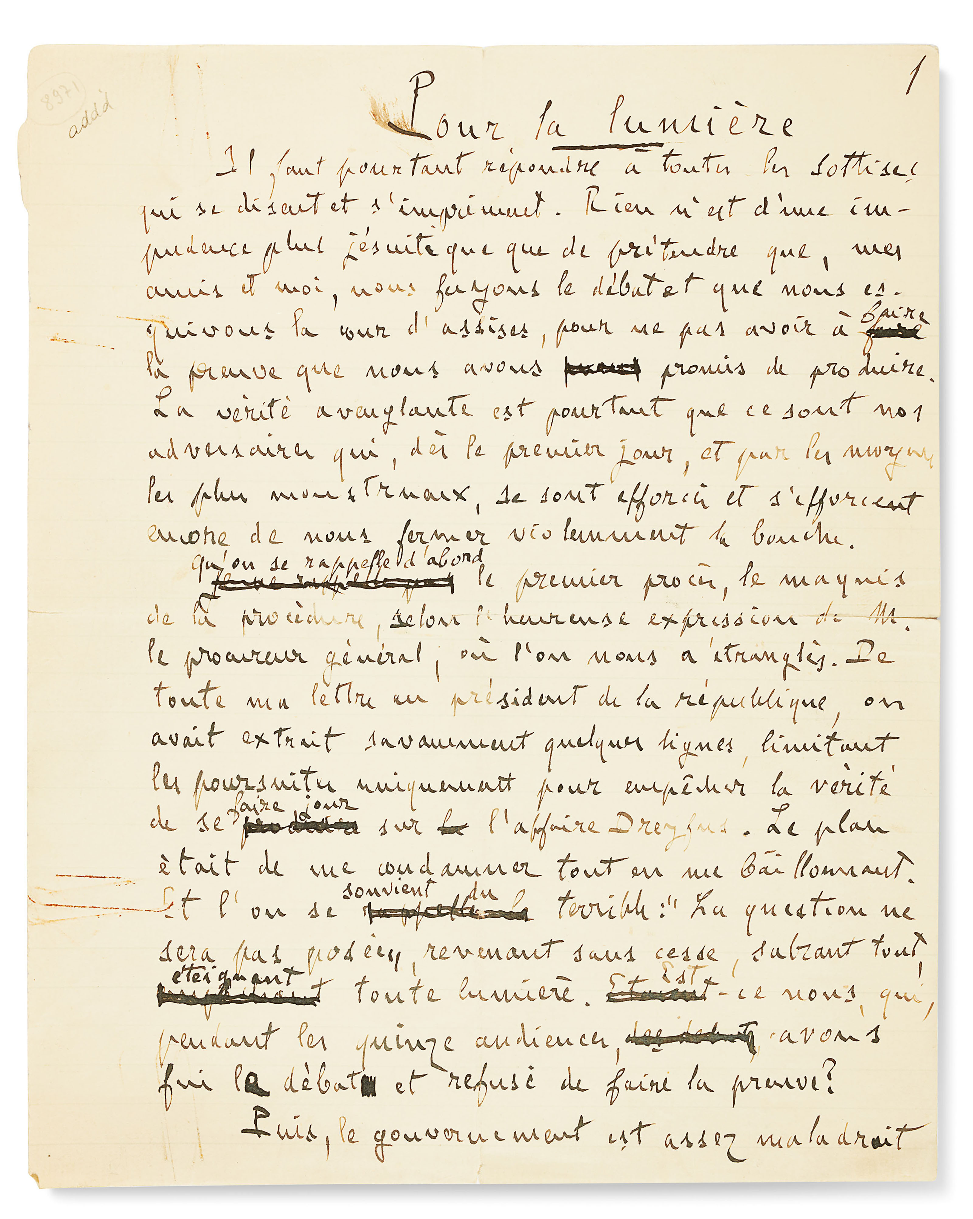ZOLA, Emile (18401902). Pour la lumière. Manuscrit autographe signé. (c. 1898). Christie's