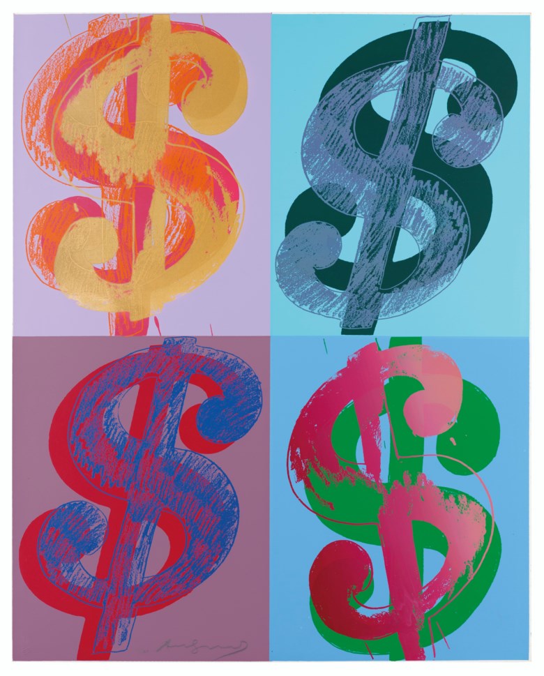 Andy Warhol (1928-1987), $ (Quadrant), 1982. Unique screenprint in colours on Lenox Museum Board, signed in pencil, numbered 1160, 40 x 32 in (101.5 x 81.5 cm). Estimate £70,000-100,000. Offered in Prints & Multiples on 18 March 2020 at Christie’s in London