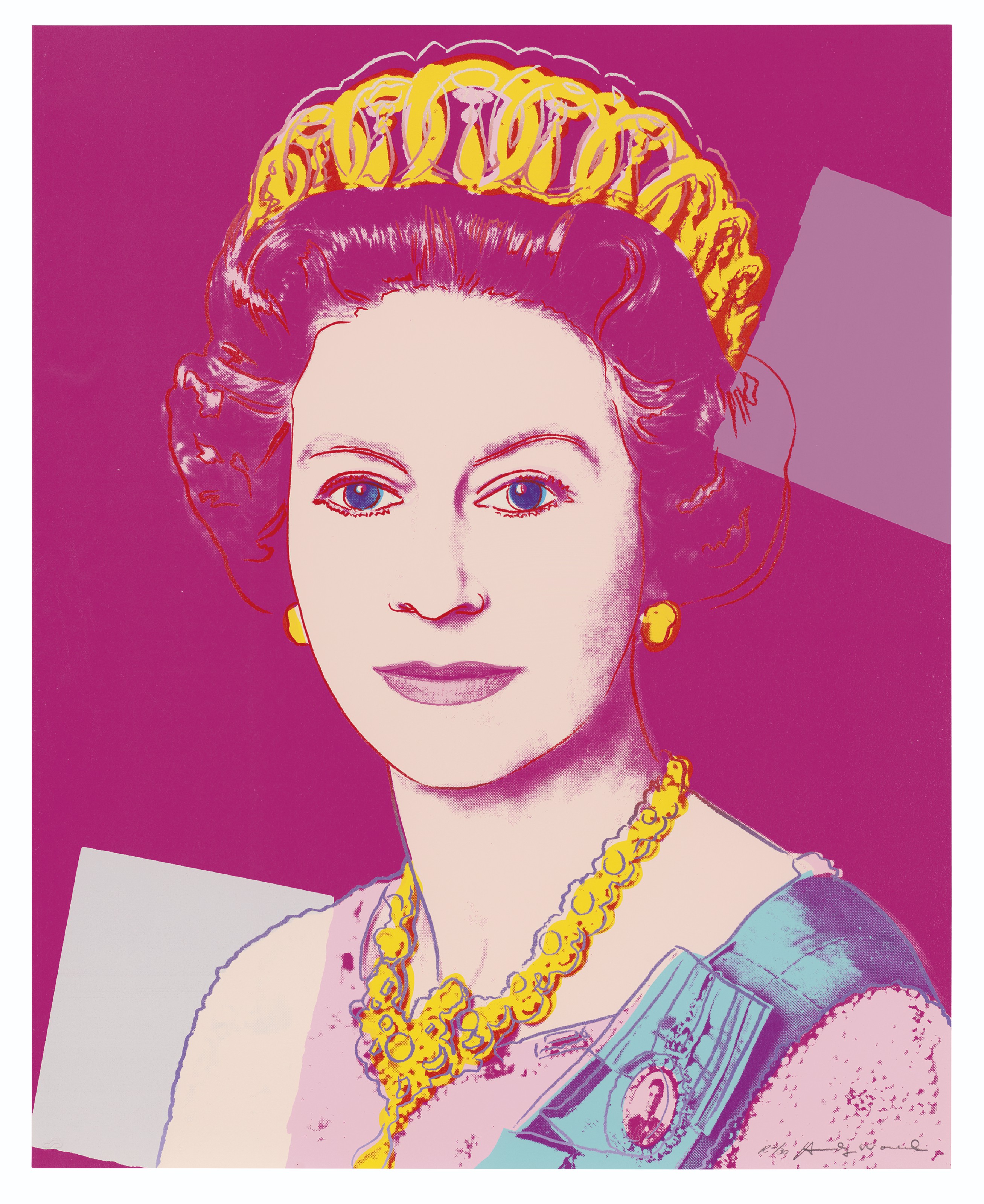 Andy Warhol (1928-1987), Queen Elizabeth II, from: Reigning Queens (Royal Edition), 1985. Screenprint in colours with diamond dust on Lenox Museum Board, signed in pencil, numbered R2/30. 39&frac14; x 31&frac12; in (100 x 80 cm). Estimate: &pound;100,000-150,000. Offered in Prints &amp; Multiples on 18 March 2020 at Christie&rsquo;s in London