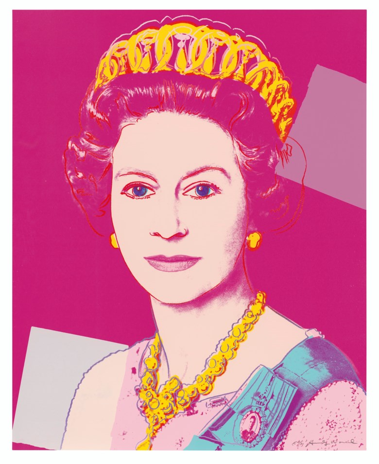 Andy Warhol (1928-1987), Queen Elizabeth II, from Reigning Queens (Royal Edition), 1985. Screenprint in colours with diamond dust on Lenox Museum Board, signed in pencil, numbered R230. 39¼ x 31½ in (100 x 80 cm). Estimate £100,000-150,000. Offered in Prints & Multiples on 18 March 2020 at Christie’s in London