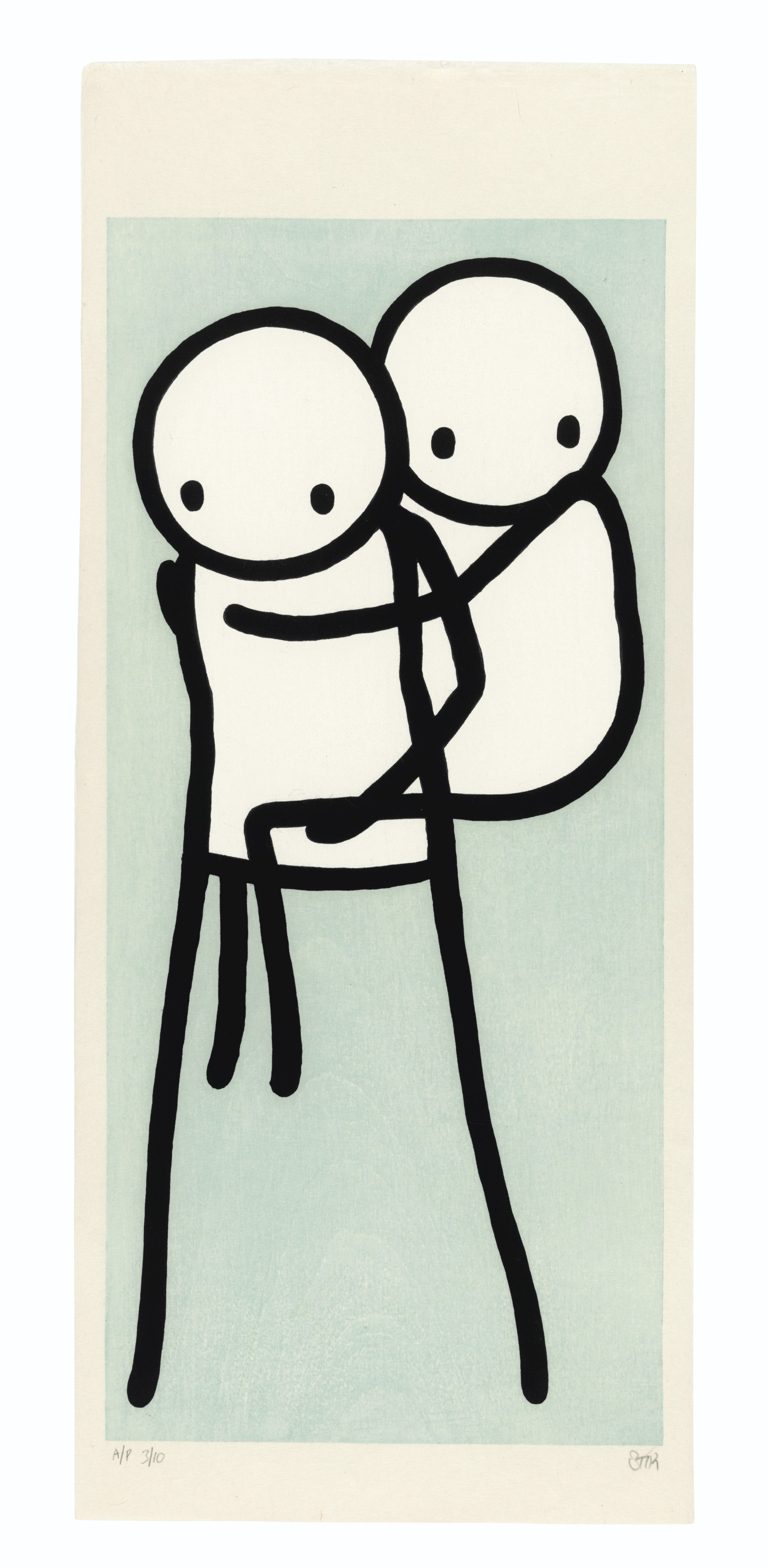 Stik (b. 1979), Onbu (Piggyback) (Blue), 2013. Ukiyo-e woodcut in black, white and blue on laid rice paper.&nbsp;Block 395 x 180  mm. Sheet 478 x 200  mm. Estimate: &pound;7,000-10,000. Offered in Prints &amp; Multiples on 18 March 2020 at Christie&rsquo;s in London