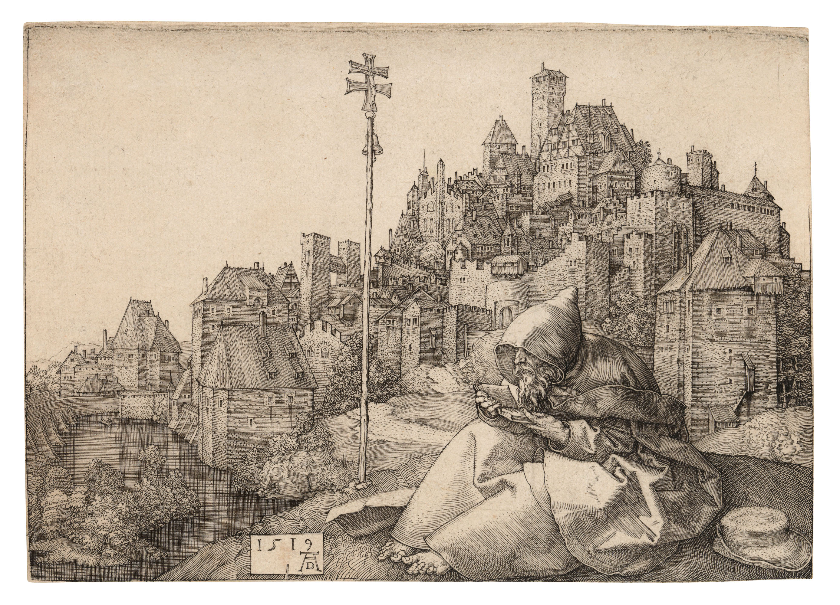 Albrecht D&uuml;rer (1471-1528), Saint Anthony reading, 1519. Engraving on laid paper. Sheet 102 x 142 mm. Sold for &pound;35,000 in Old Master Prints, 1-15 July 2020, Online

