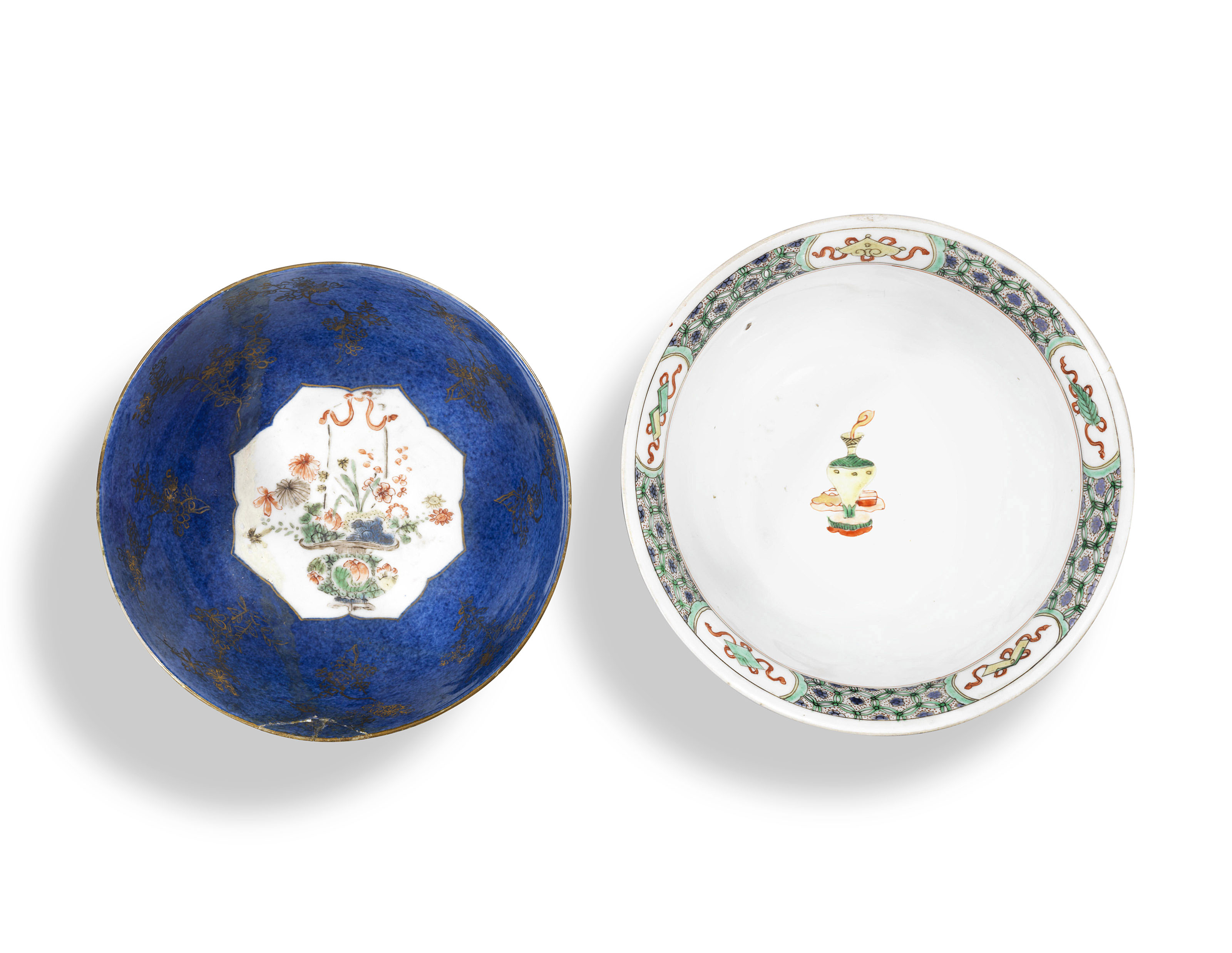 TWO POWDER-BLUE-GROUND FAMILLE VERTE BOWLS