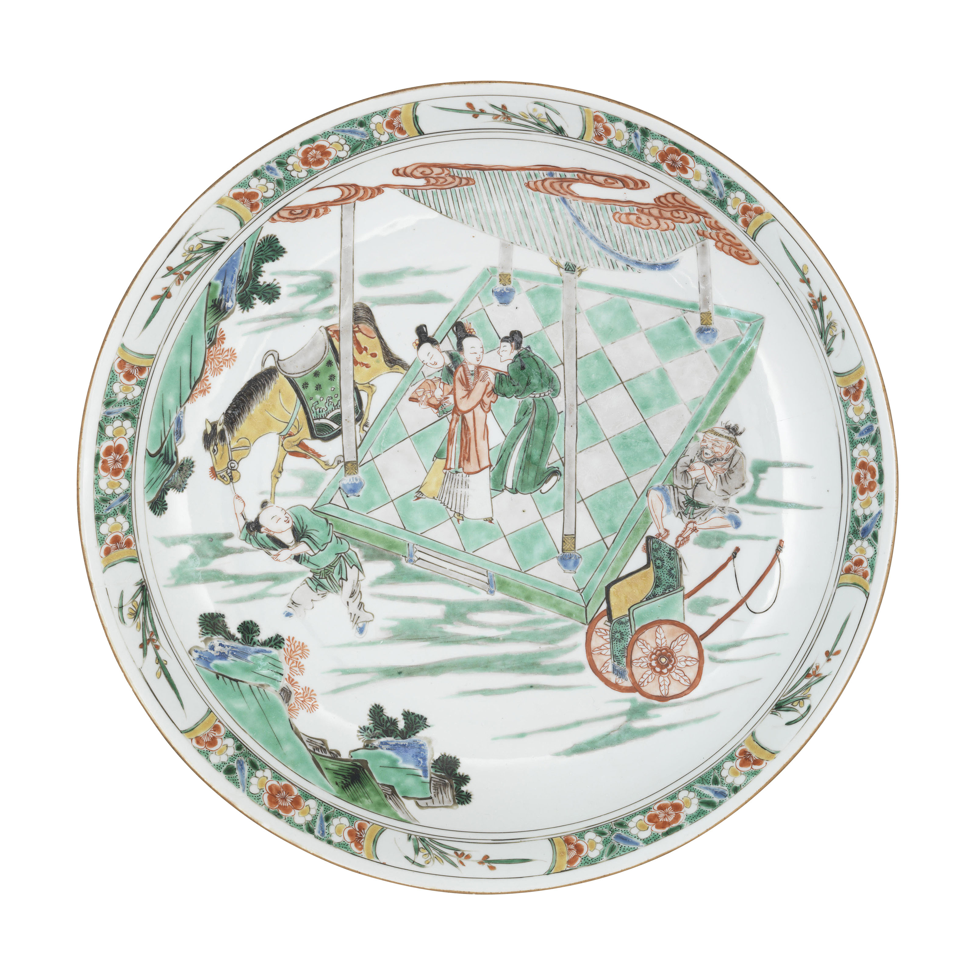 清康熙五彩人物故事图大盘一组三件, KANGXI PERIOD (1662-1722