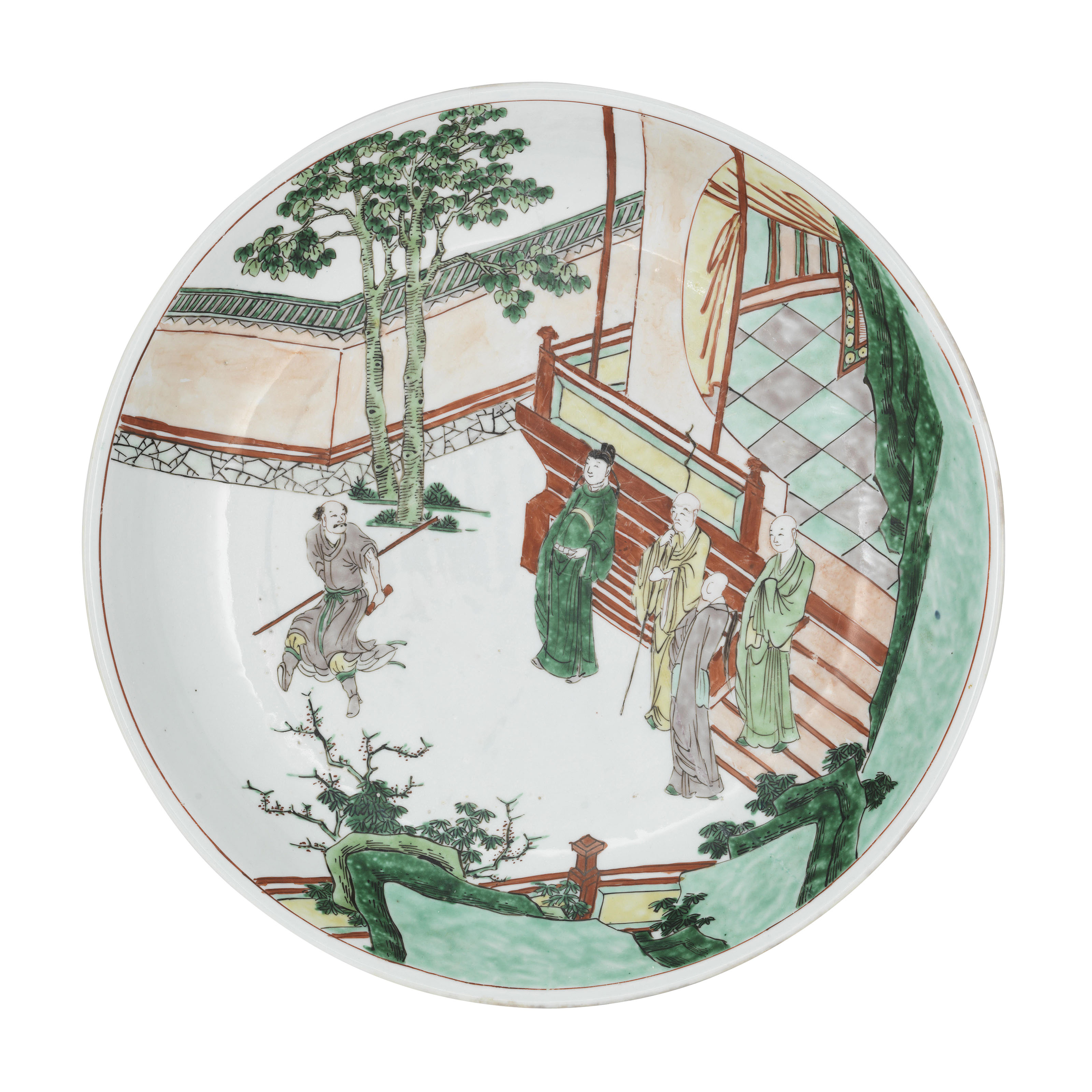 清康熙五彩人物故事图大盘一组三件, KANGXI PERIOD (1662-1722