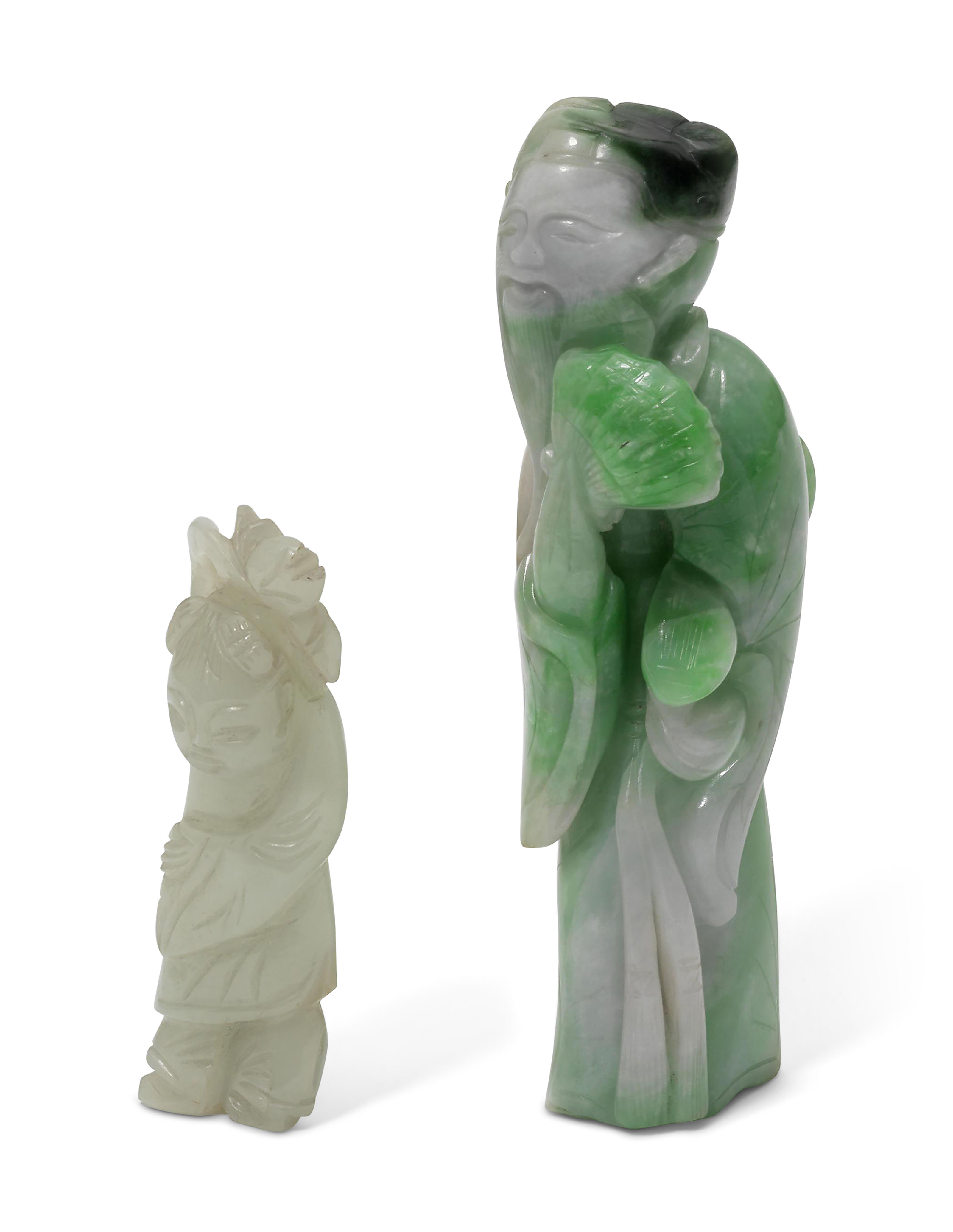 A JADEITE CARVING OF A SCHOLAR AND A JADE CARVING OF A BOY, 20TH