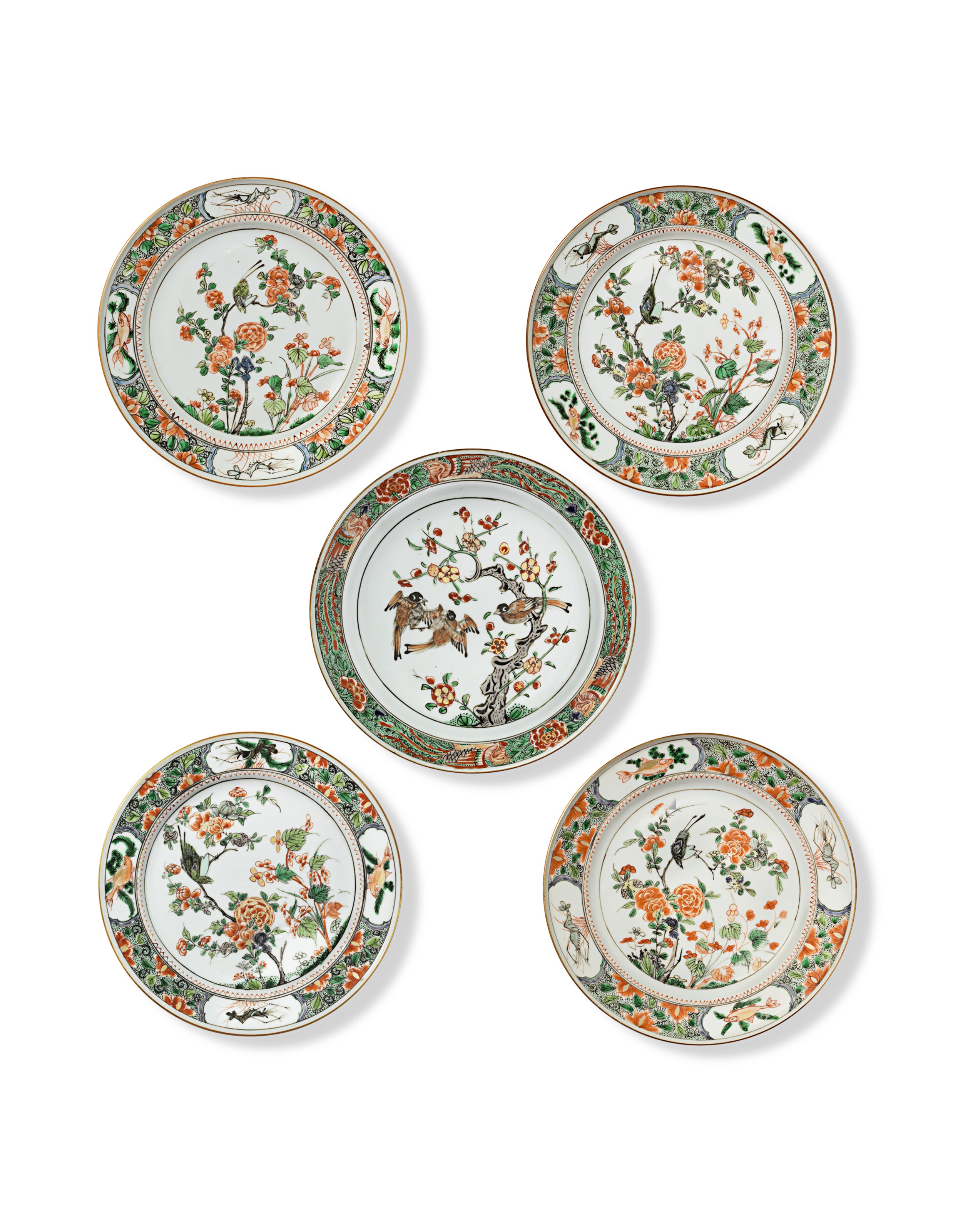 清康熙五彩花鸟纹盘一组五件, KANGXI PERIOD (1662-1722) | Christie's