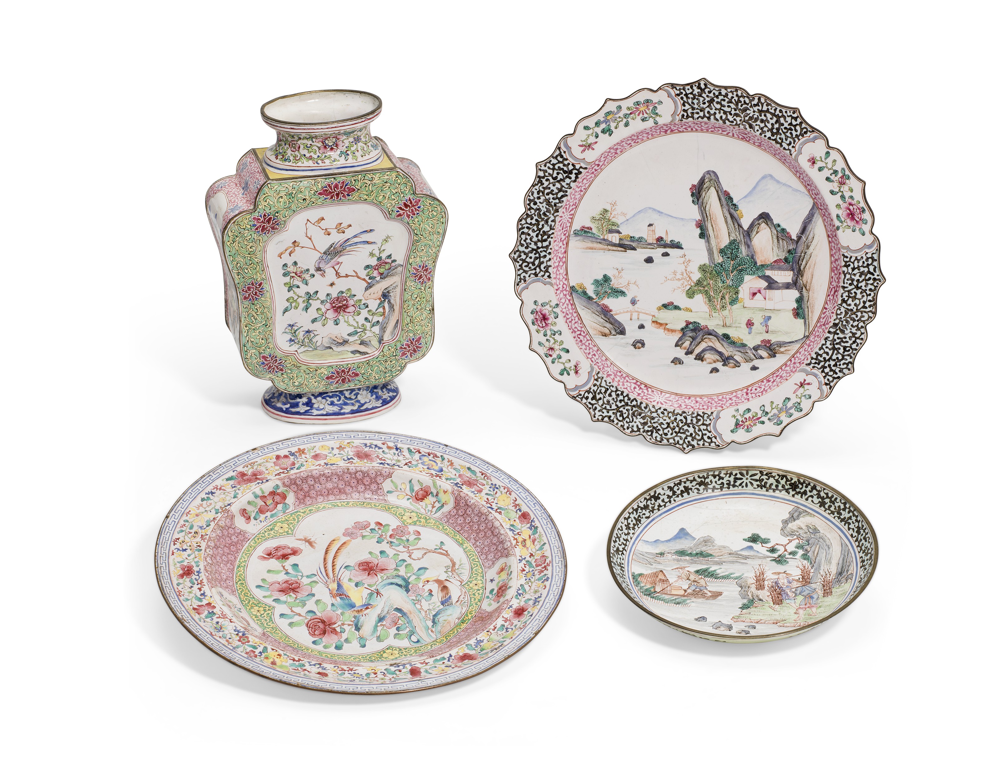 A GROUP OF THREE PAINTED ENAMEL FAMILLE ROSE DISHES AND A VASE