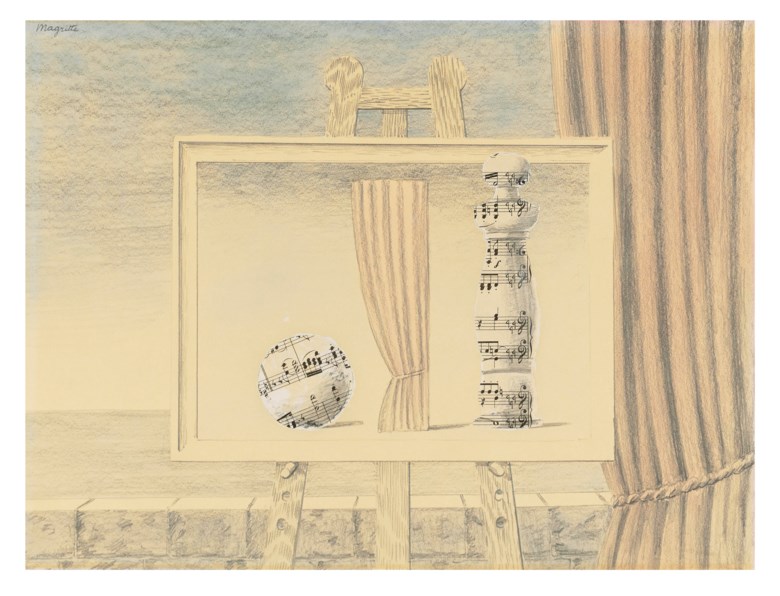 雷尼·马格利特（1898-1967），《无题（曲谱）》，1961年或1962年作。 铅笔 水彩 拼贴 纸本。 11 ¾ x 15 78吋（30 x 40.1公分）。估价：350,000 – 550,000英镑。此作将于2020年2月5日在佳士得伦敦超现实主义艺术晚间拍卖中呈献