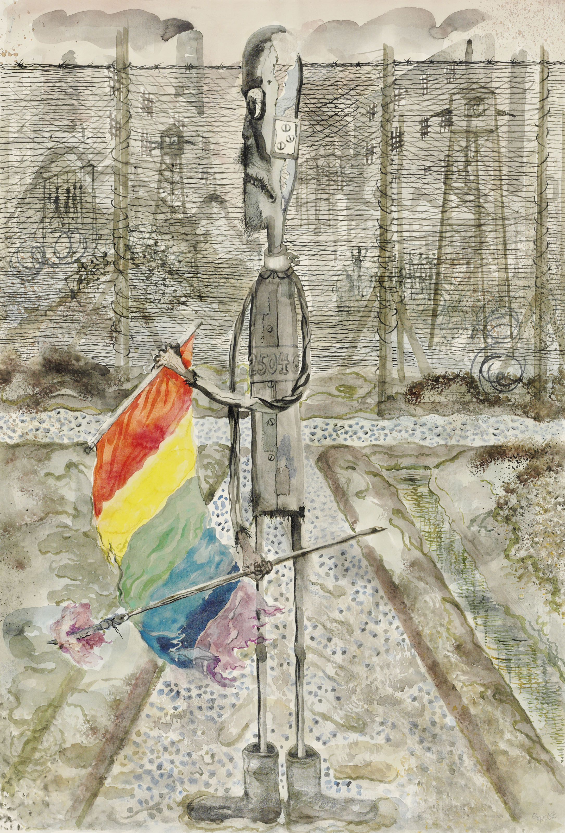 George Grosz (1893-1959), Der Feind des Regenbogens, executed in 1946. Watercolour and reed pen and India ink on paper. 25 &frac12; x 19  in (64.5 x 48  cm). Estimate: &pound;30,000-50,000. This lot is offered in Impressionist and Modern Works on Paper on 6 February 2020 at Christie&rsquo;s in London