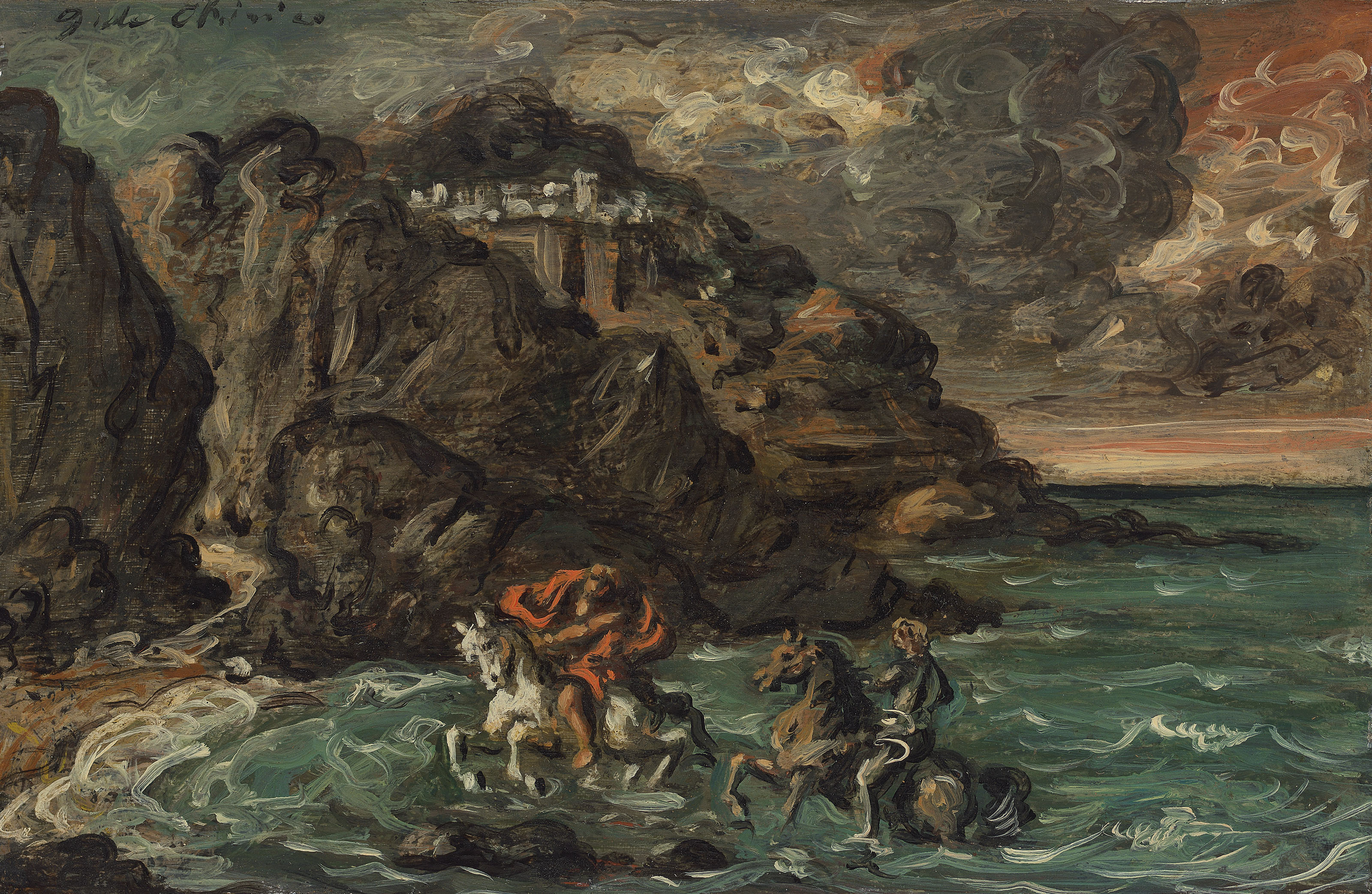 Cavalieri a cavallo che escono dal mare