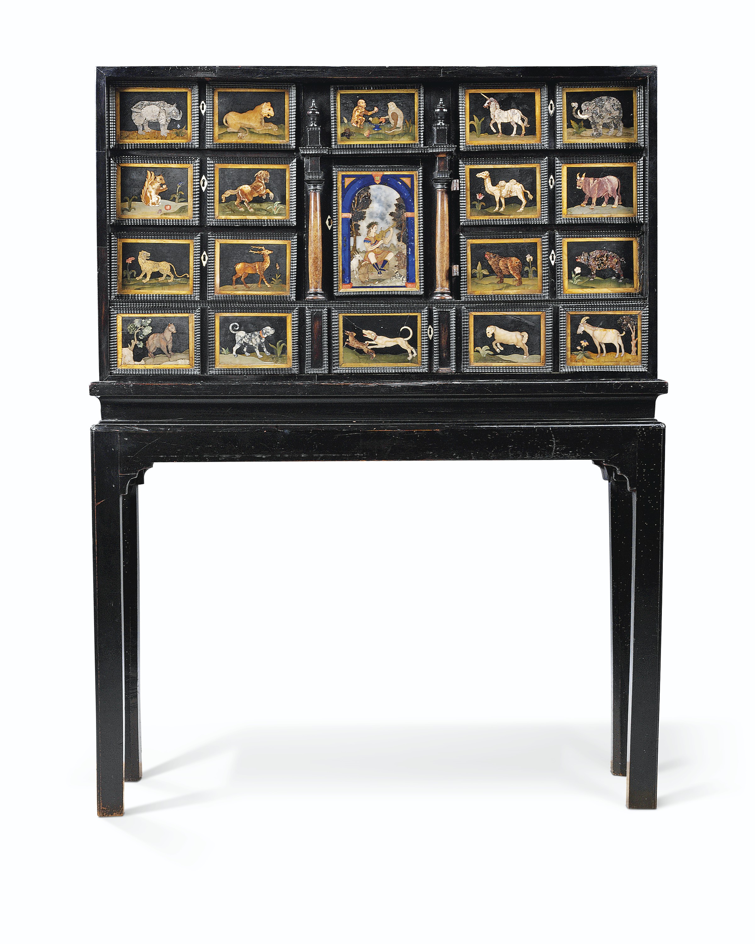 A Flemish Ebony Ivory And Pietra Dura Cabinet On Stand