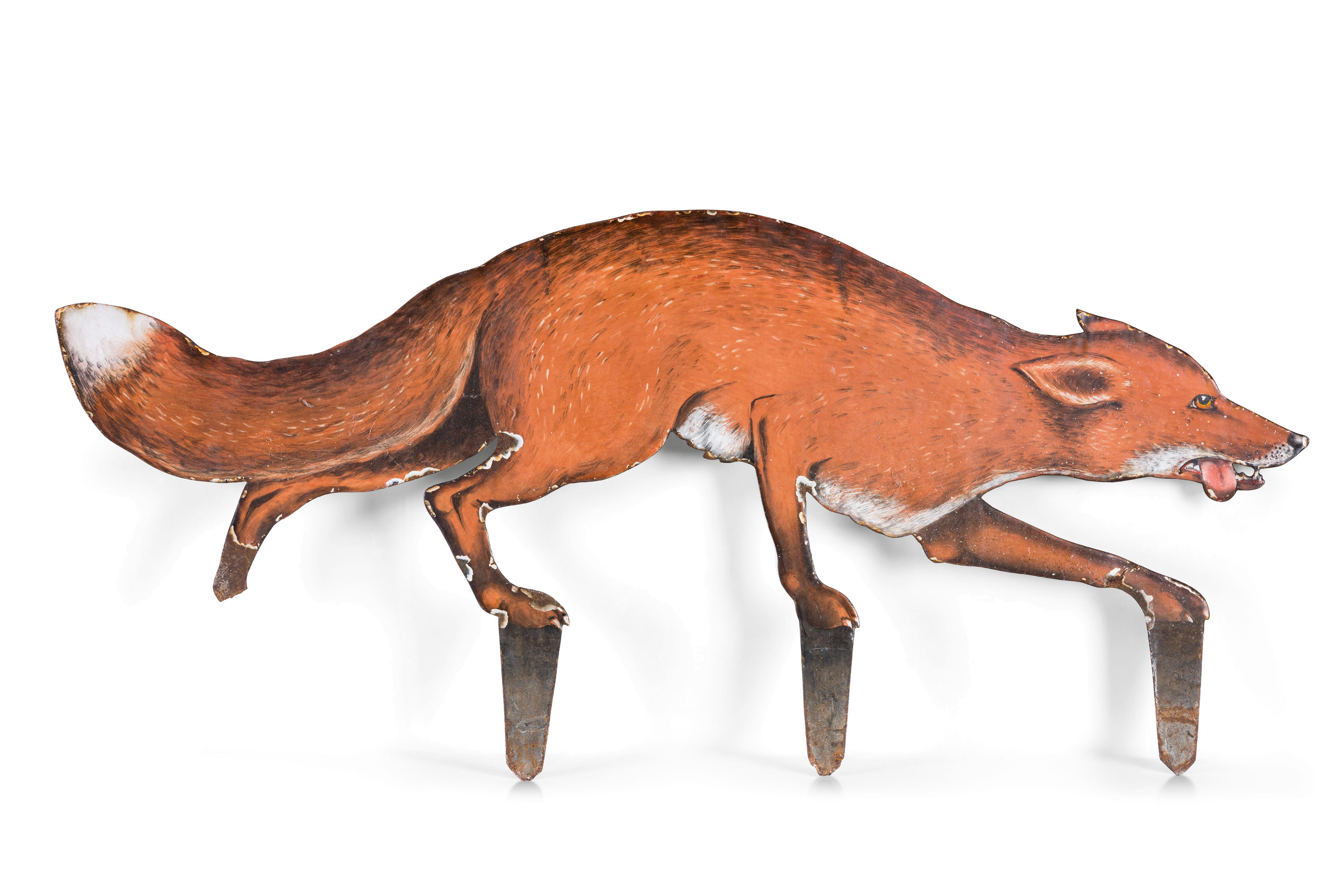 AN ENAMEL FOX DECOY OR GARDEN ORNAMENT