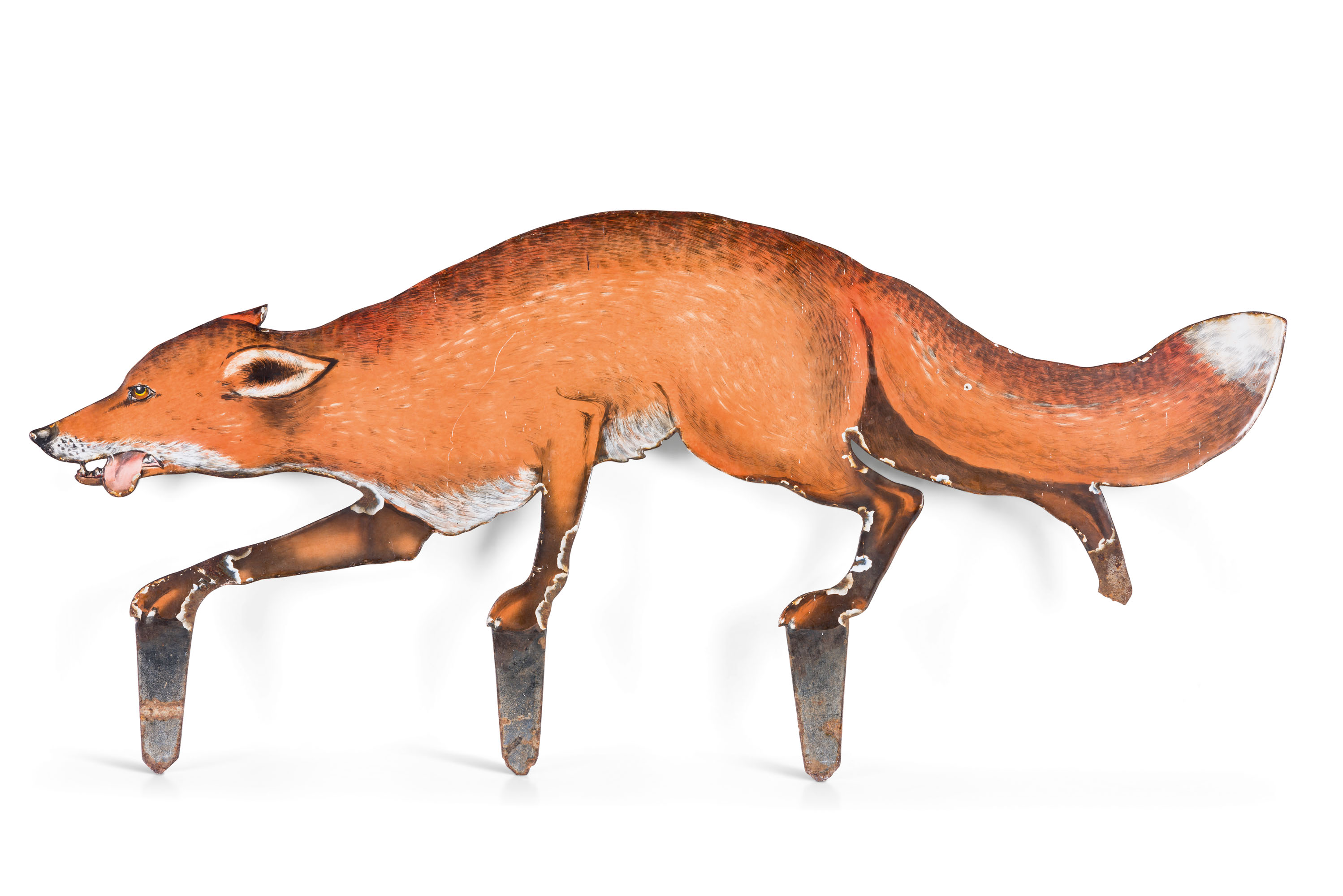 AN ENAMEL FOX DECOY OR GARDEN ORNAMENT