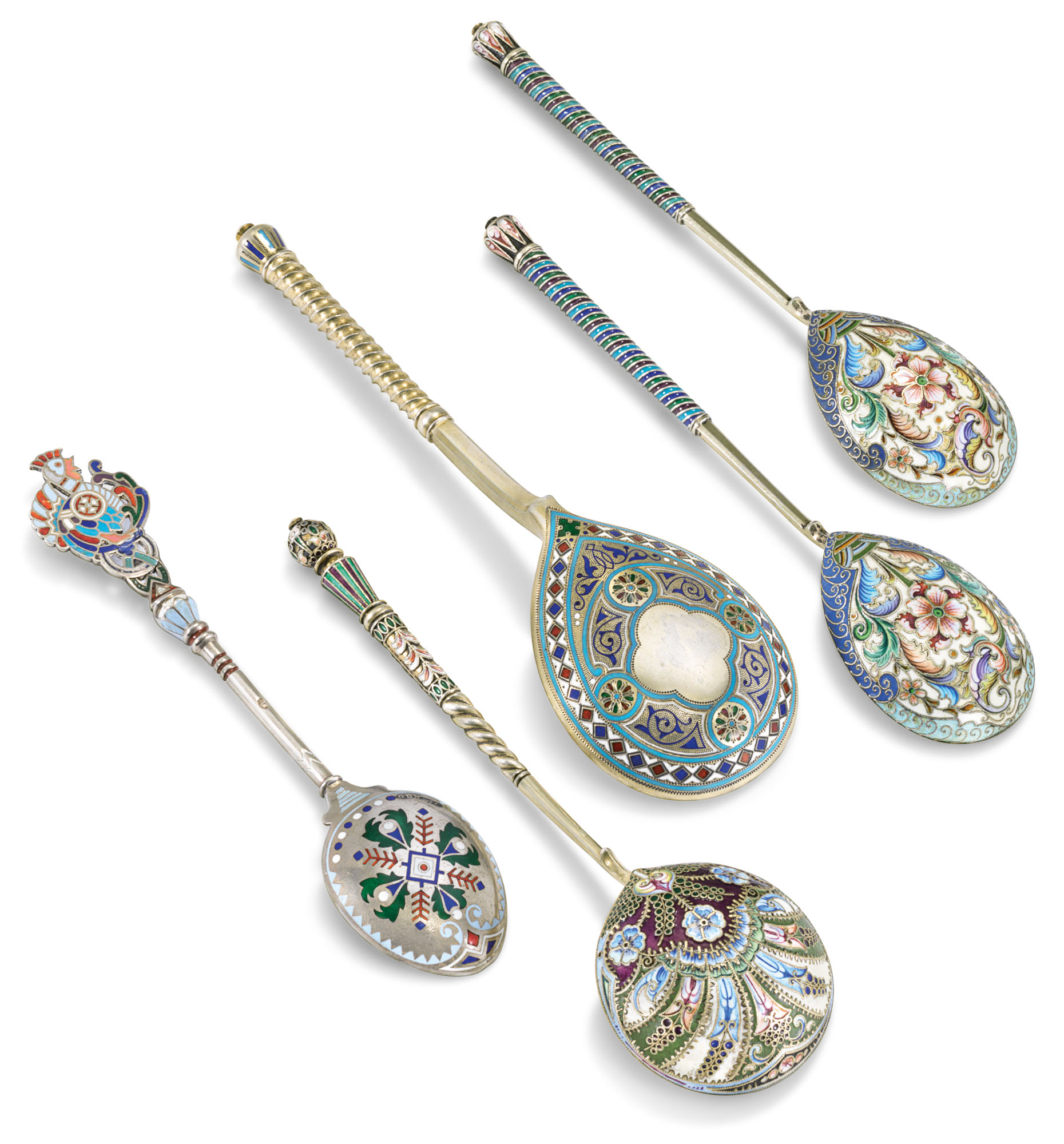 FIVE CHAMPLEVÉ AND CLOISONNÉ ENAMEL PARCELGILT SILVER SPOONS, VARIOUS