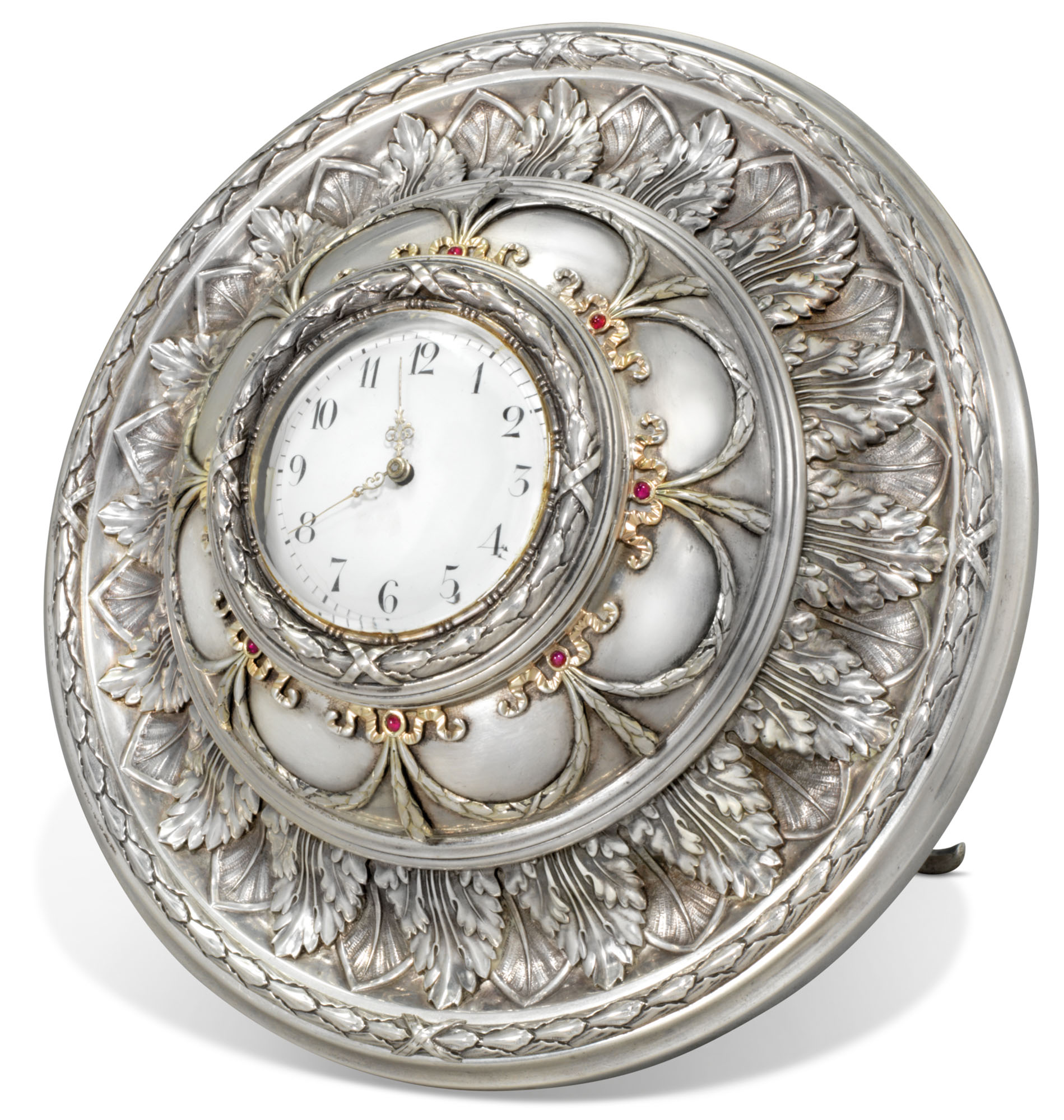 A JEWELLED PARCELGILT SILVER DESK CLOCK , MARKED FABERGÉ WITH IMPERIAL