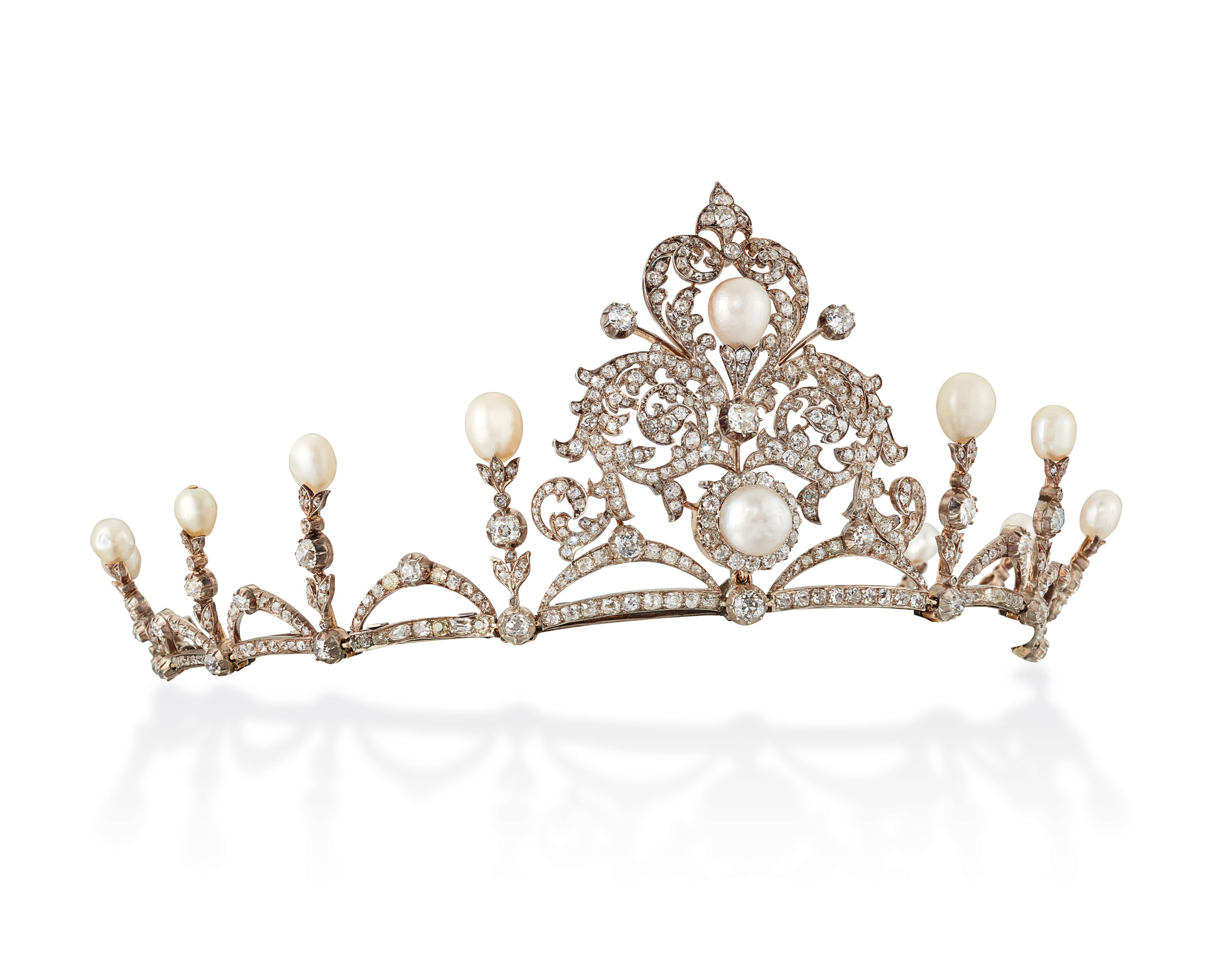 LATE 19TH CENTURY NATURAL PEARL AND DIAMOND TIARA / NECKLACE