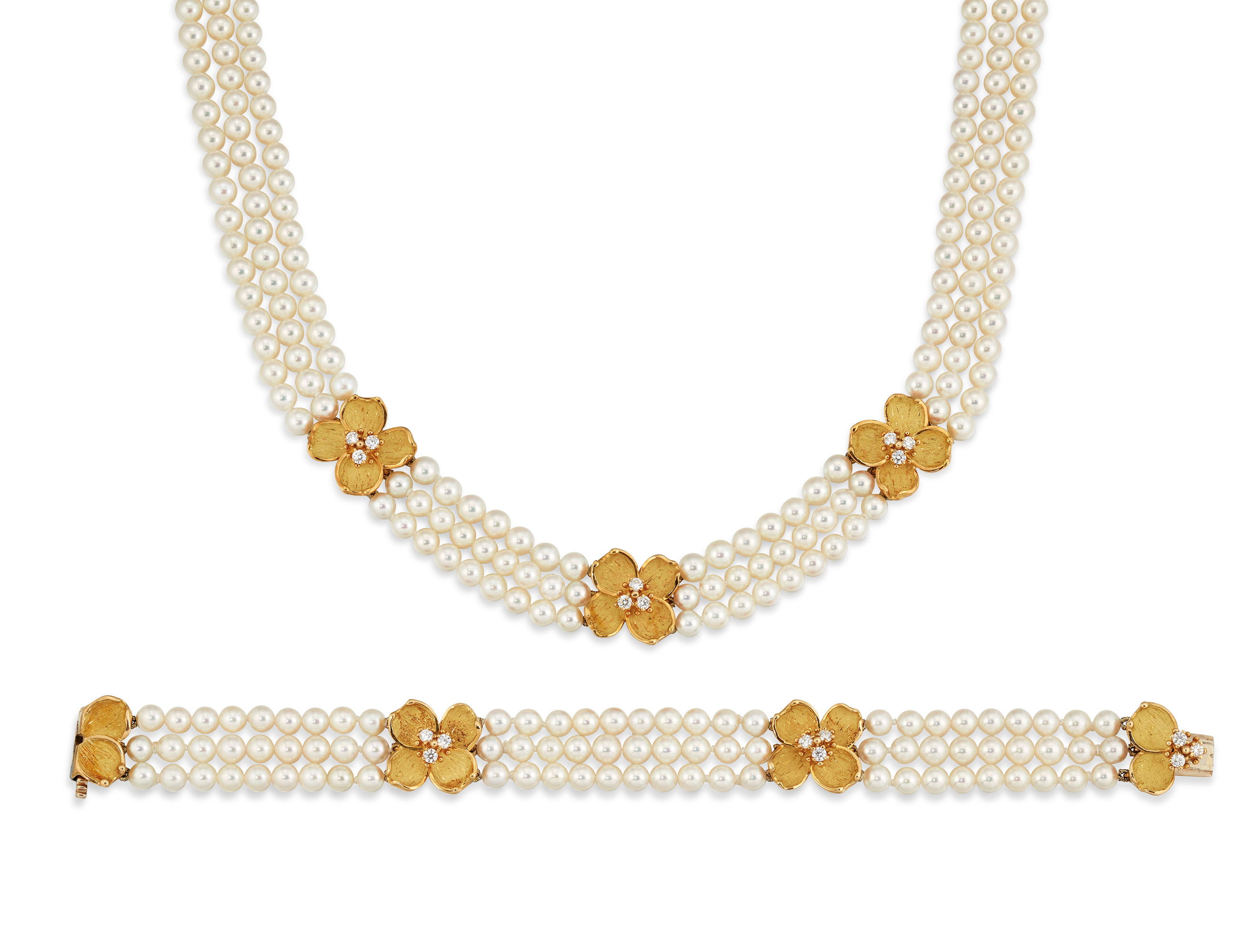 CULTURED PEARL AND DIAMOND DOGWOOD NECKLACE AND BRACELET SET TIFFANY CO. Christie s