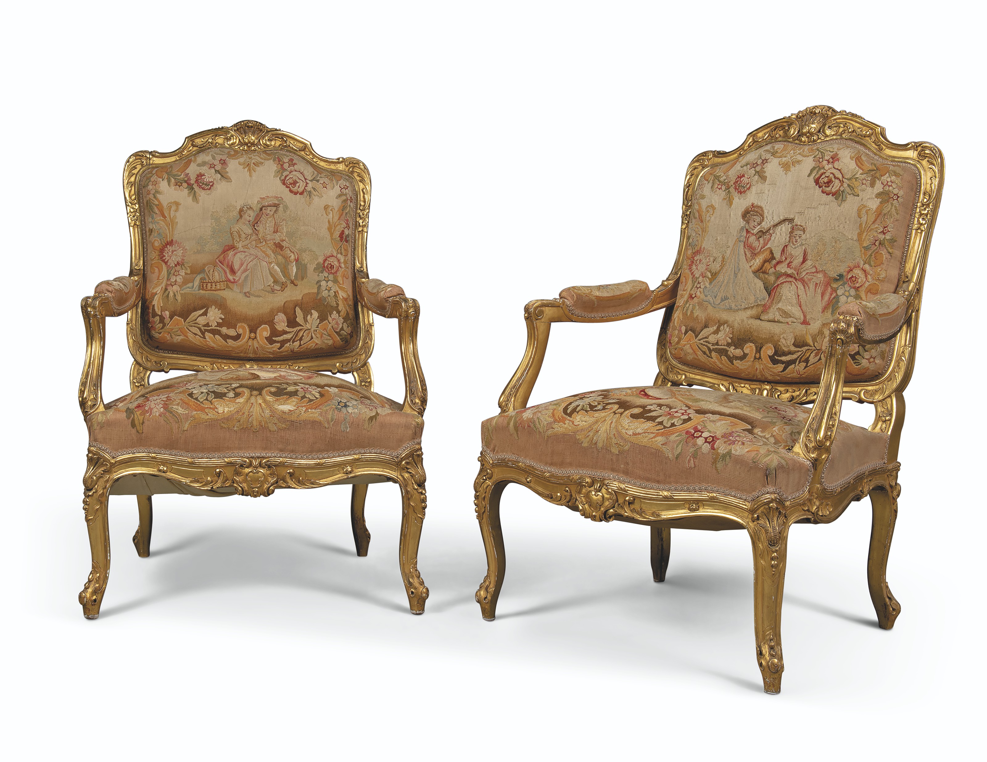 A PAIR OF FRENCH GILTWOOD AND TAPESTRY FAUTEUILS, OF LOUIS XV STYLE ...