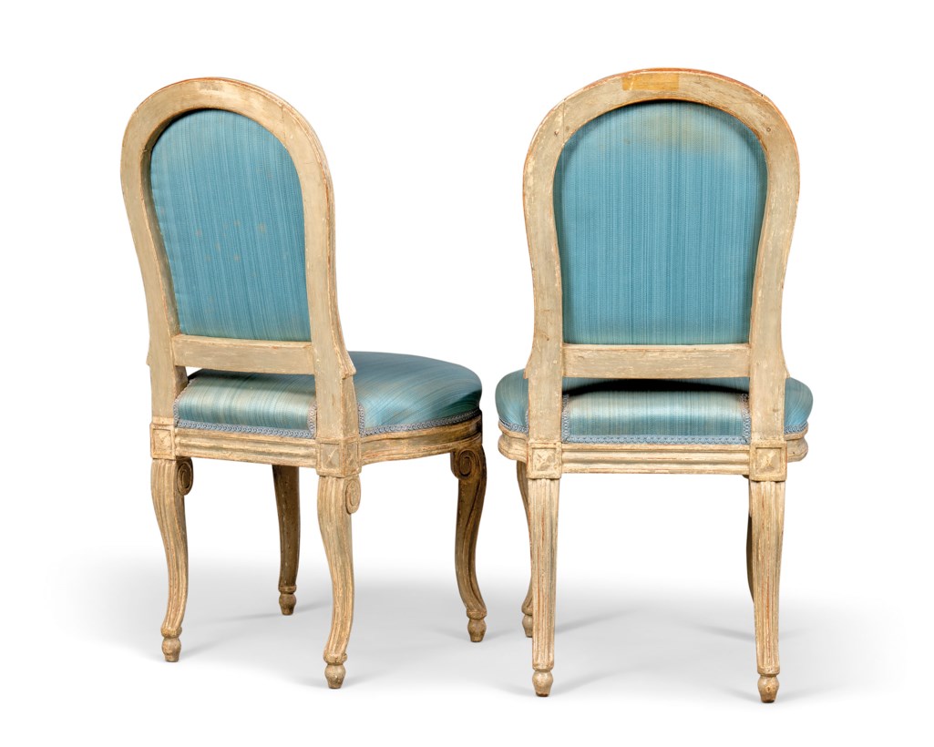 A PAIR OF LOUIS XVI GREYPAINTED SIDE CHAIRS, ATTRIBUTED TO