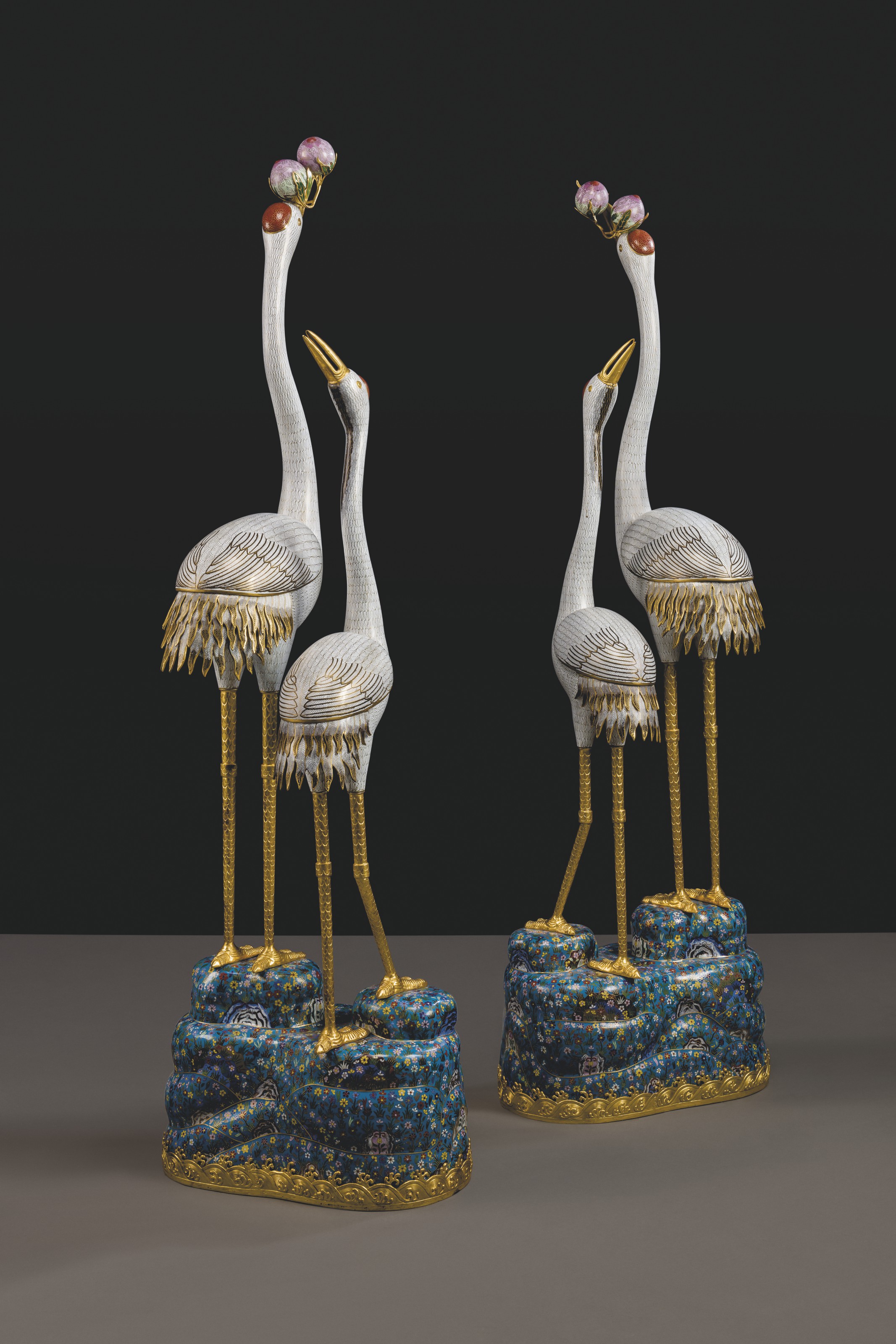 A PAIR OF LARGE CHINESE CLOISONNE ENAMEL CRANES , FIRST HALF 20TH