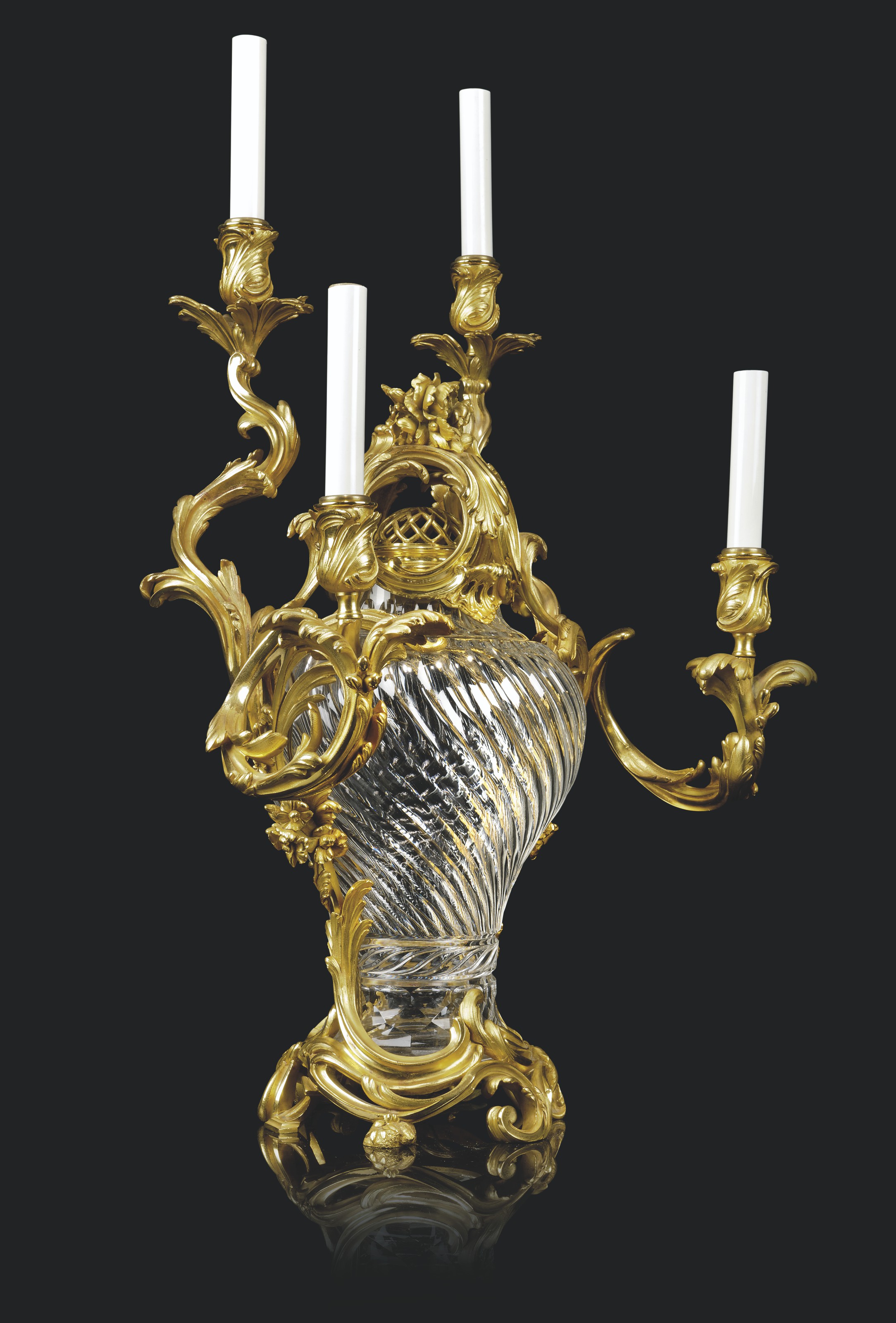 A PAIR OF FRENCH ORMOLUMOUNTED CUTCRYSTALGLASS FOURLIGHT VASE