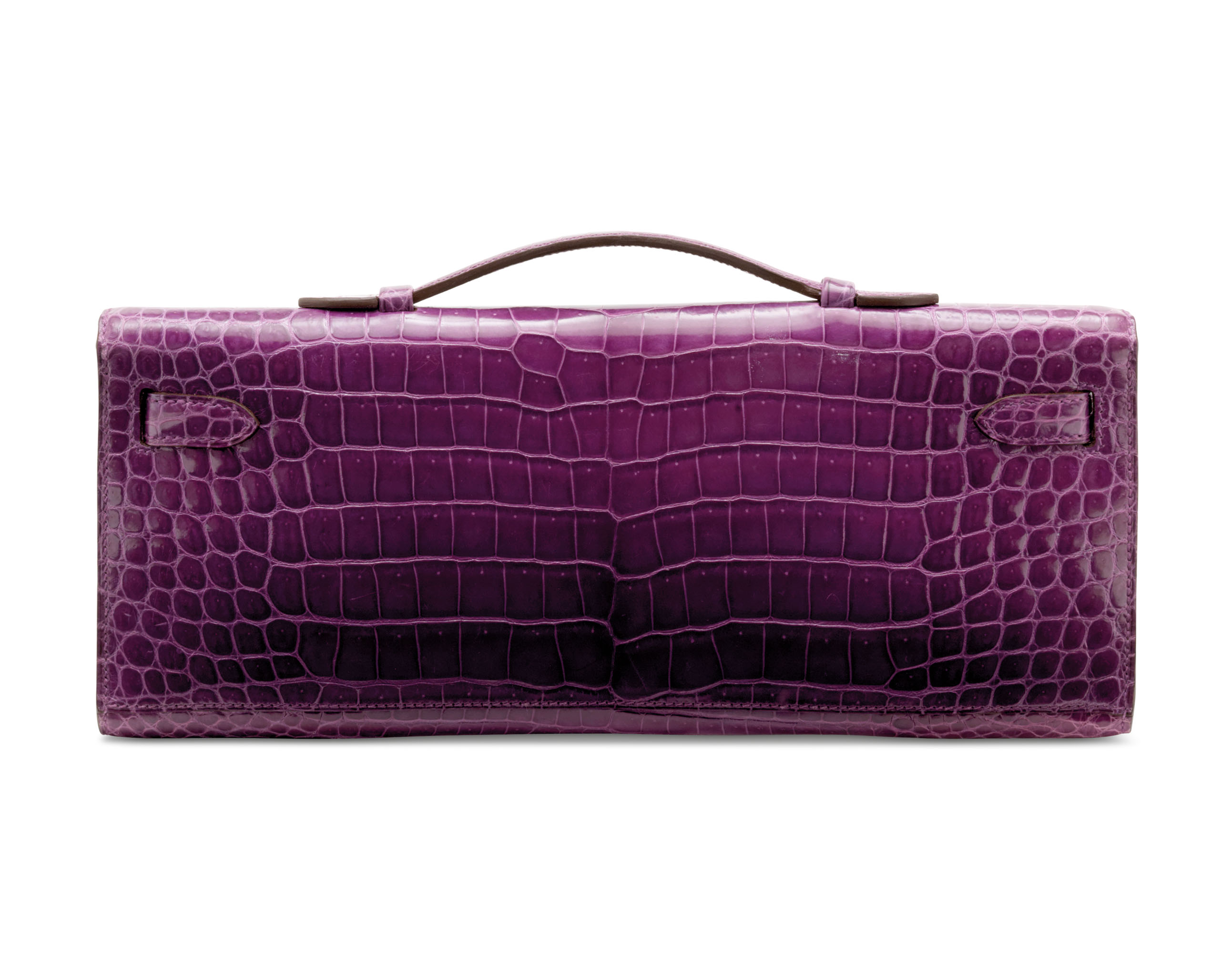 A SHINY VIOLET POROSUS CROCODILE KELLY CUT WITH PALLADIUM HARDWARE