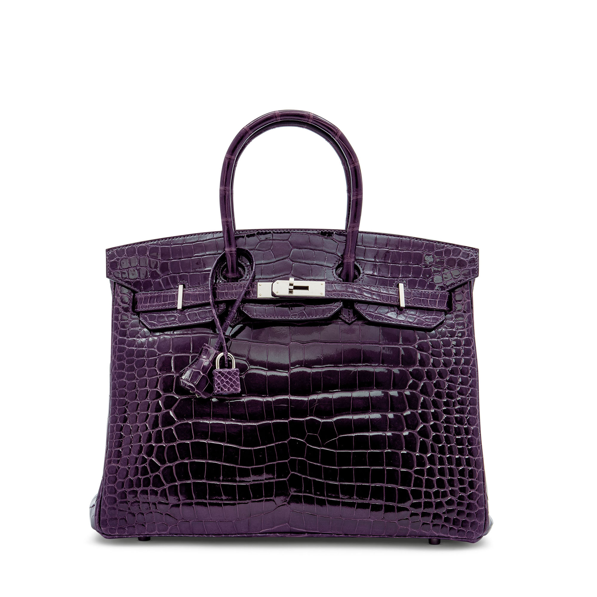 A SHINY VIOLET POROSUS CROCODILE KELLY CUT WITH PALLADIUM HARDWARE