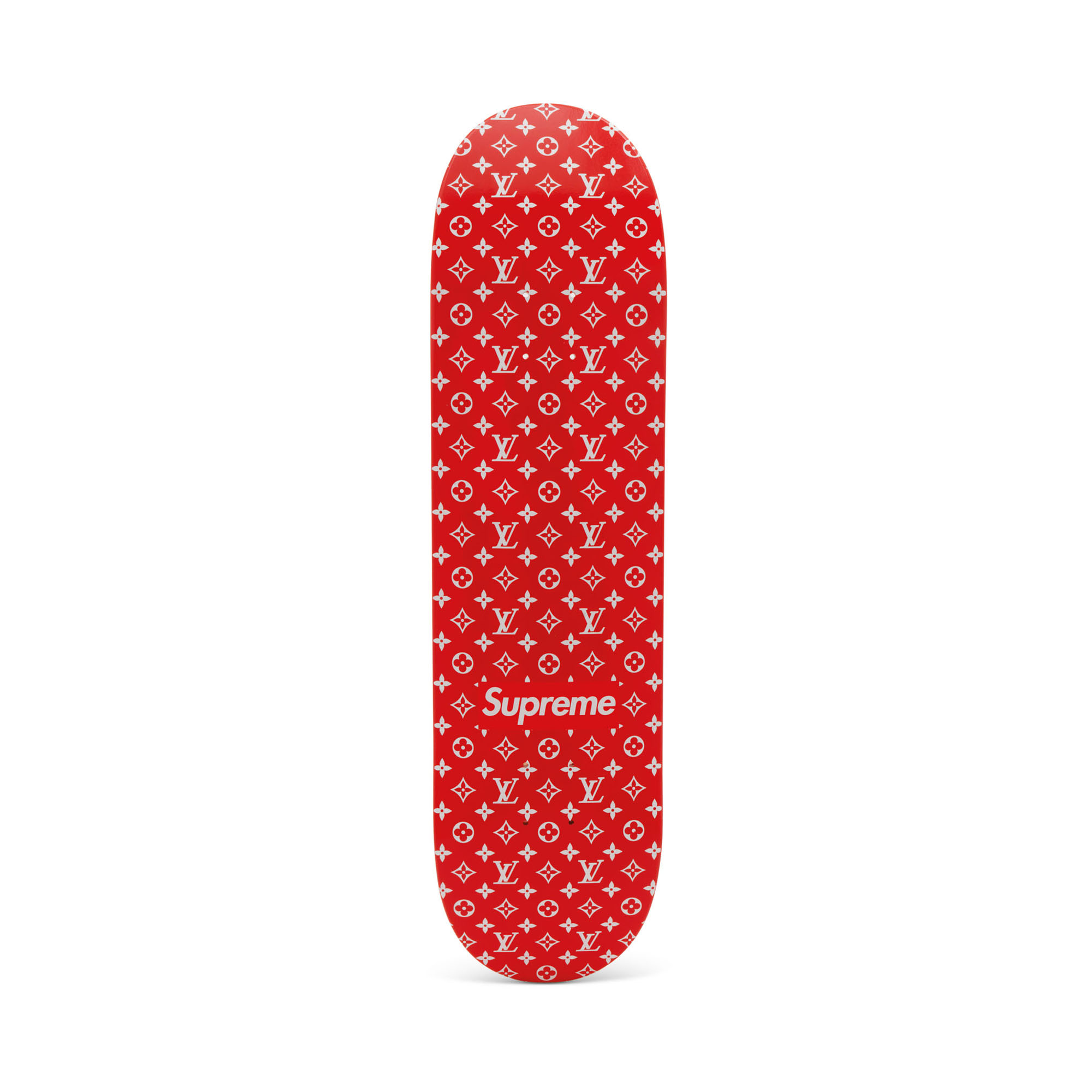 A LOUIS VUITTON X SUPREME RED CLASSIC MONOGRAM SKATEBOARD LOUIS