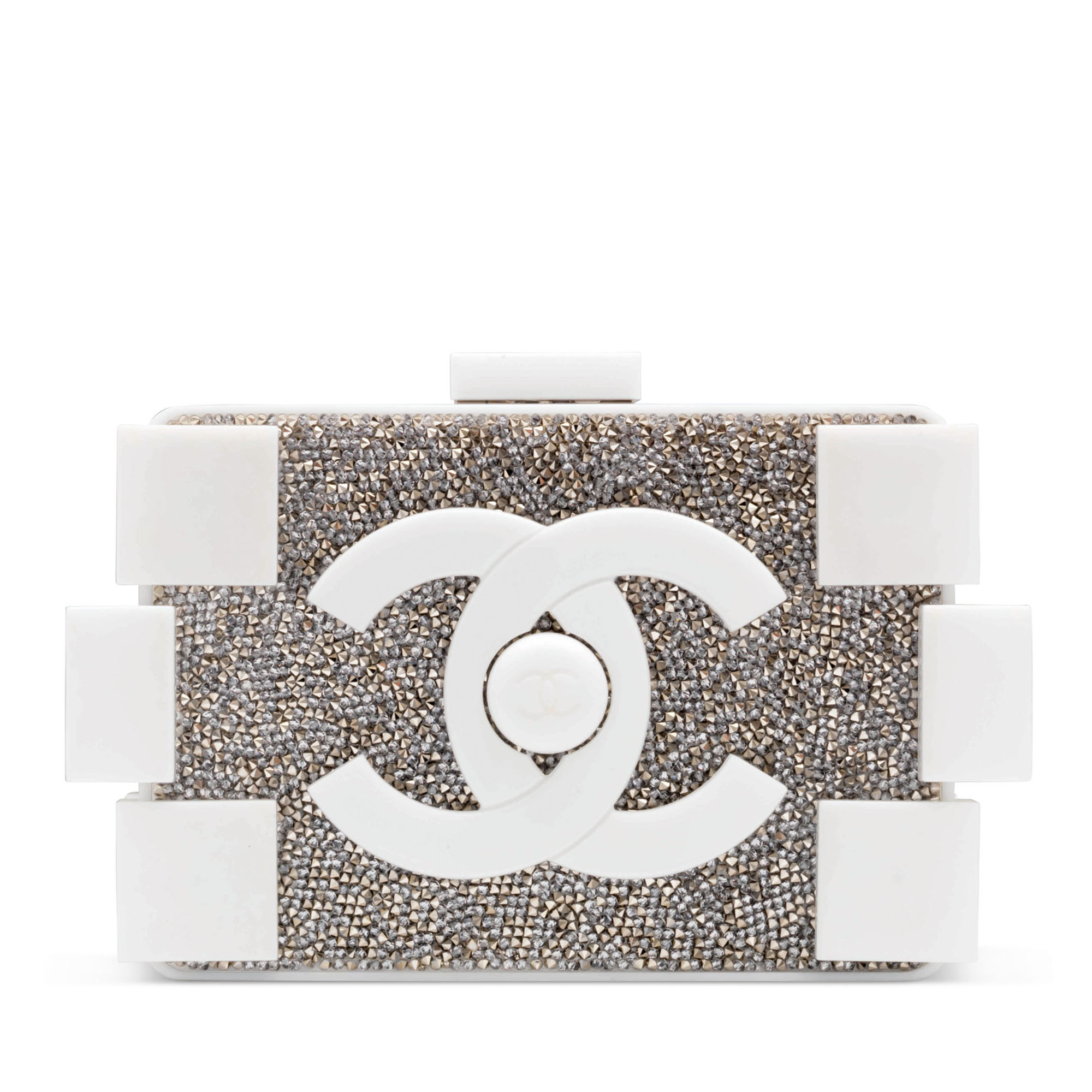 A WHITE LUCITE CRYSTAL LEGO CLUTCH