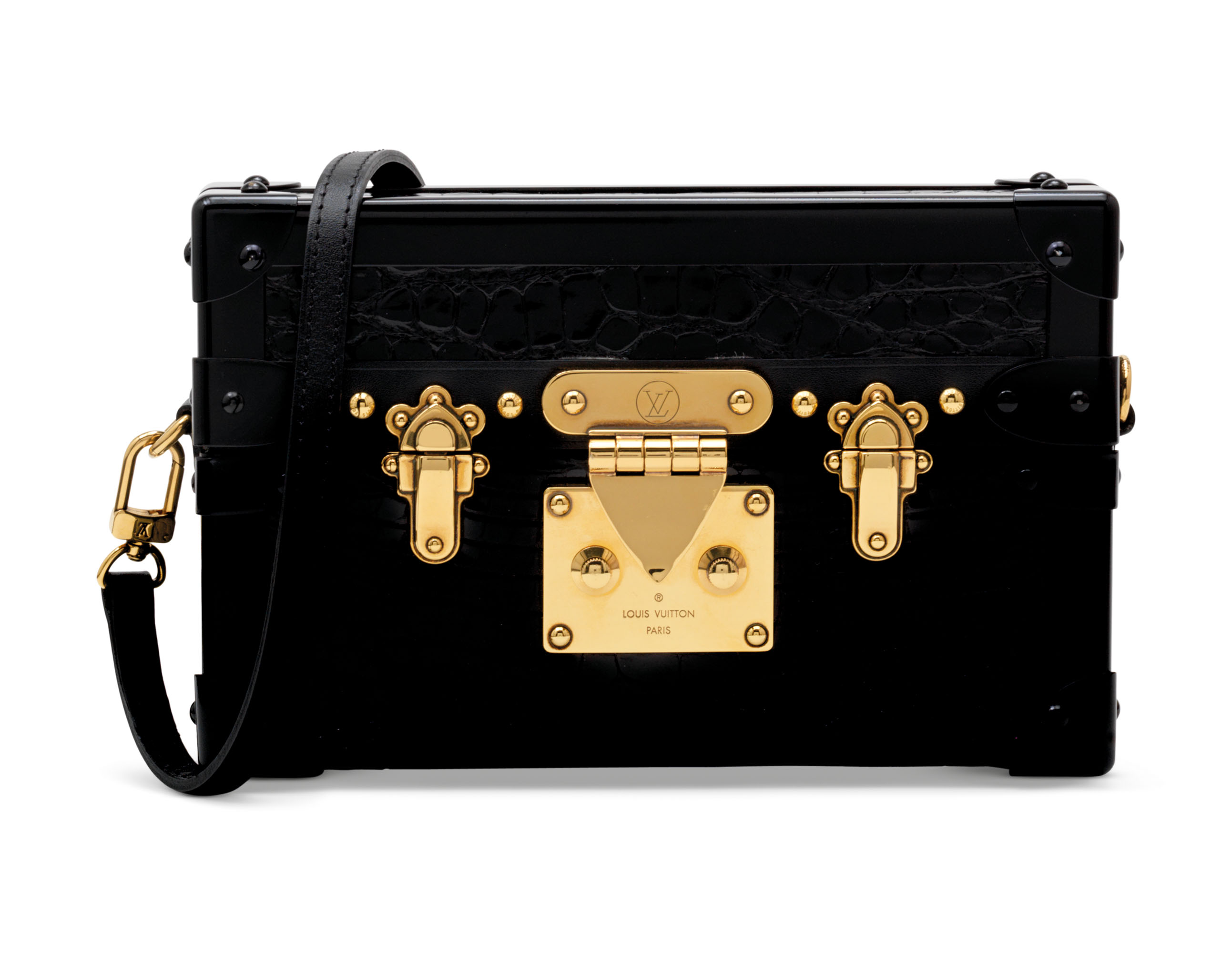 A SHINY BLACK NILOTICUS PETITE MALLE WITH GOLD HARDWARE LOUIS