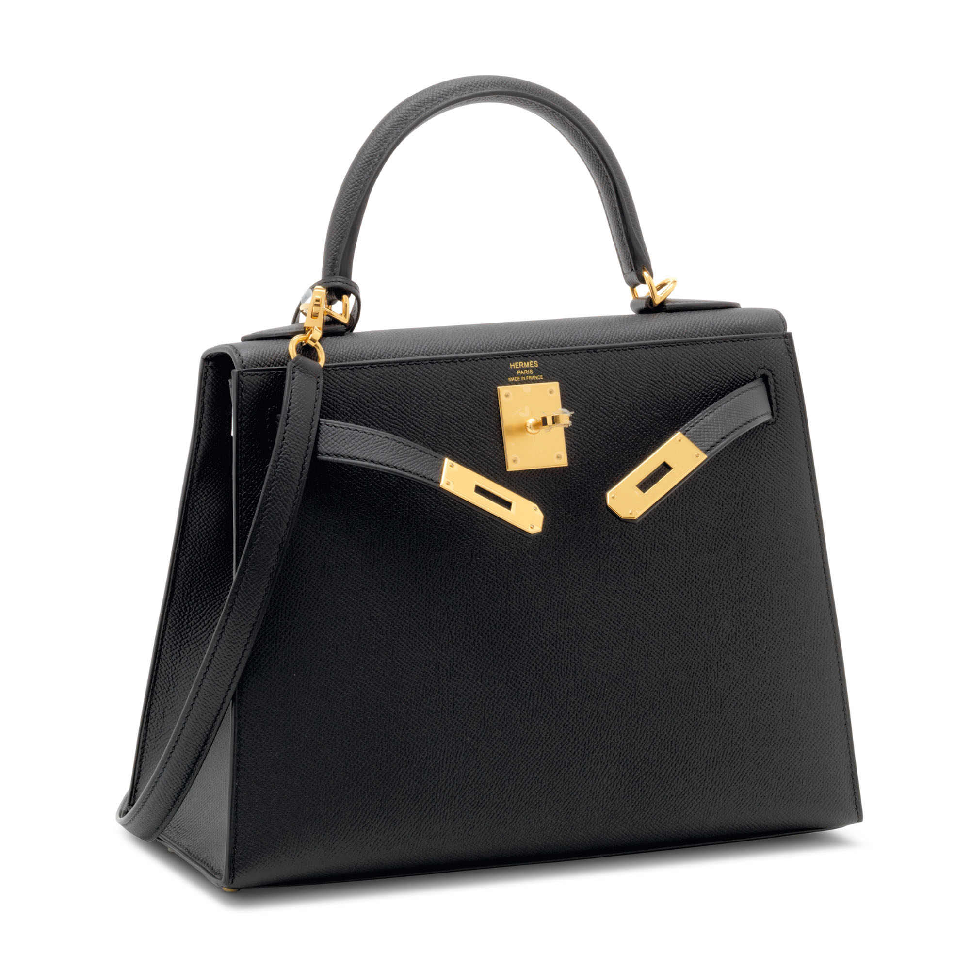 A BLACK EPSOM LEATHER SELLIER KELLY 28 WITH GOLD HARDWARE, HERMÈS