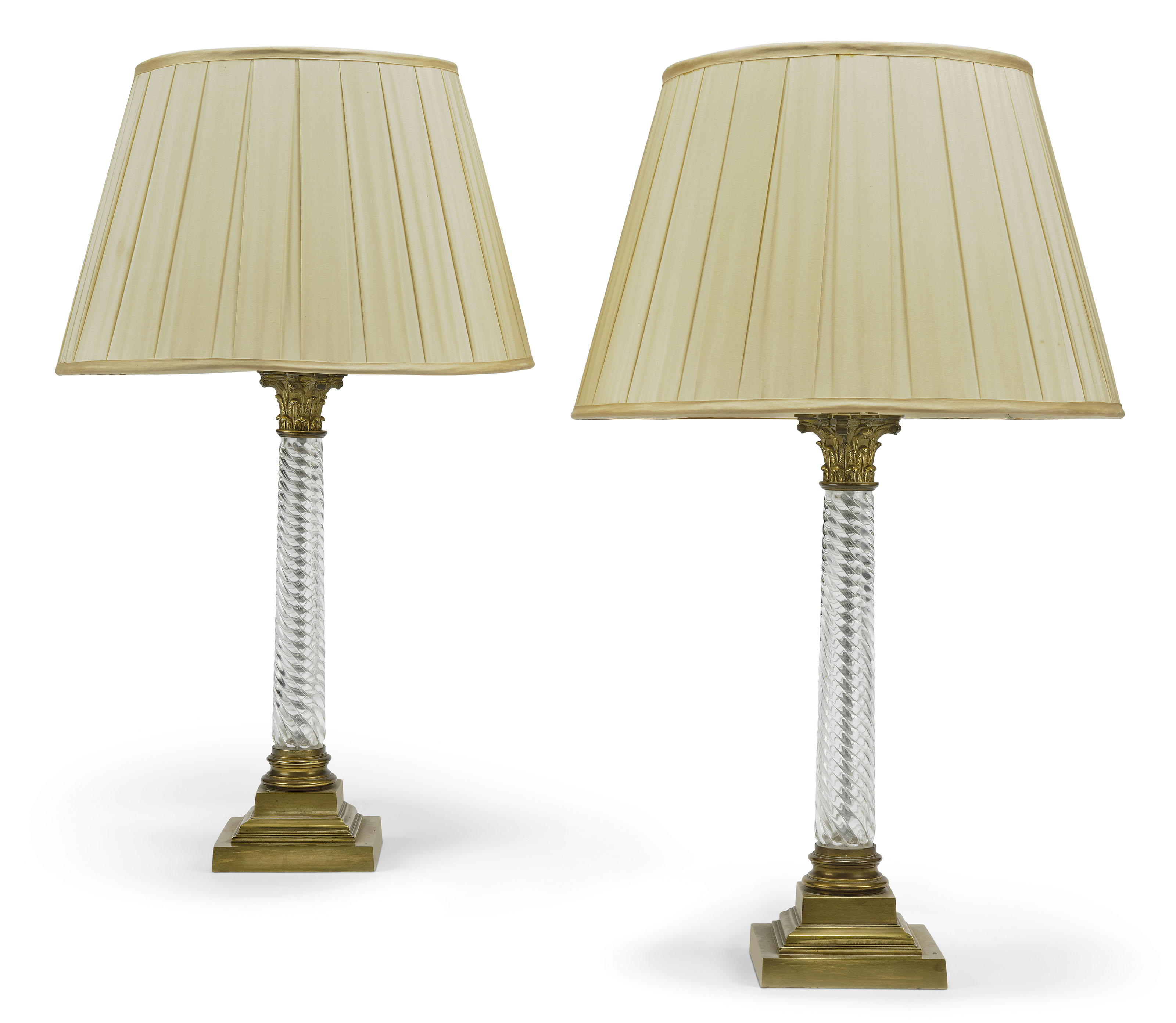 A PAIR OF BRASSMOUNTED SPIRAL TWIST GLASS COLUMN TABLE LAMPS , BY