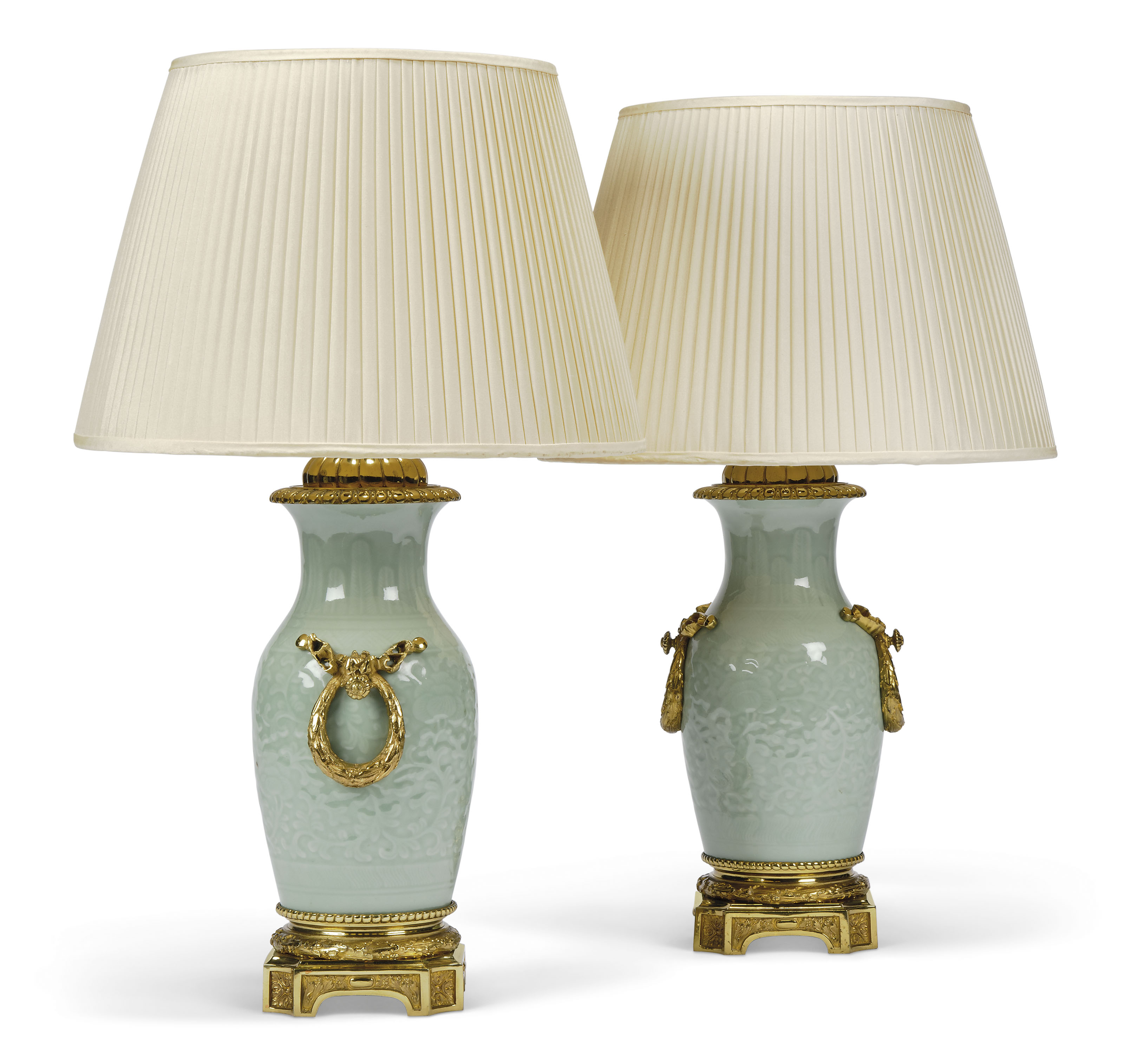 A PAIR OF ORMOLUMOUNTED CELADON PORCELAIN VASE TABLE LAMPS , MID20TH