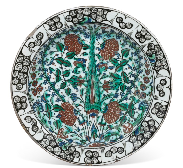 An Iznik pottery dish, Ottoman Turkey, circa 1600. 16¼ in (41.5 cm) diam. Sold for £6,875 on 19 March 2020 at Christie’s in London