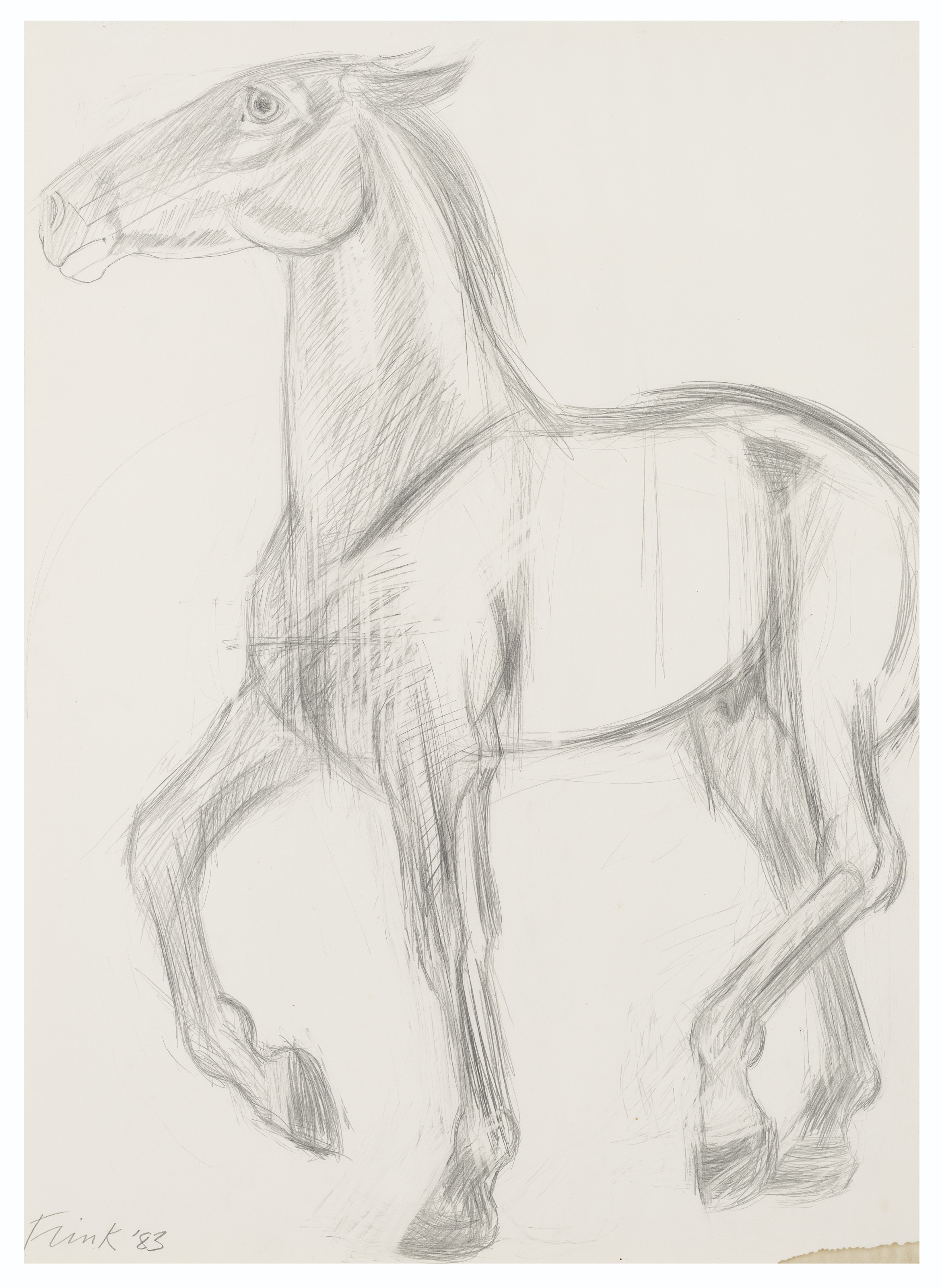 Dame Elisabeth Frink, R.A. (1930-1993), Study for Running Horse, executed in 1983. Pencil on paper.&nbsp;30&frac14; x 22  in (76.8 x 55.8  cm). Estimate: &pound;4,000-6,000. Offered in Modern British Art  on 29 September 2020 at Christie&rsquo;s in London