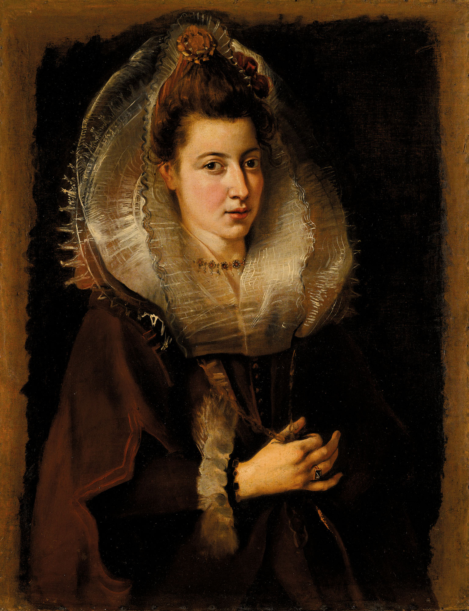 Portrait of a young woman, half-length, holding a chain