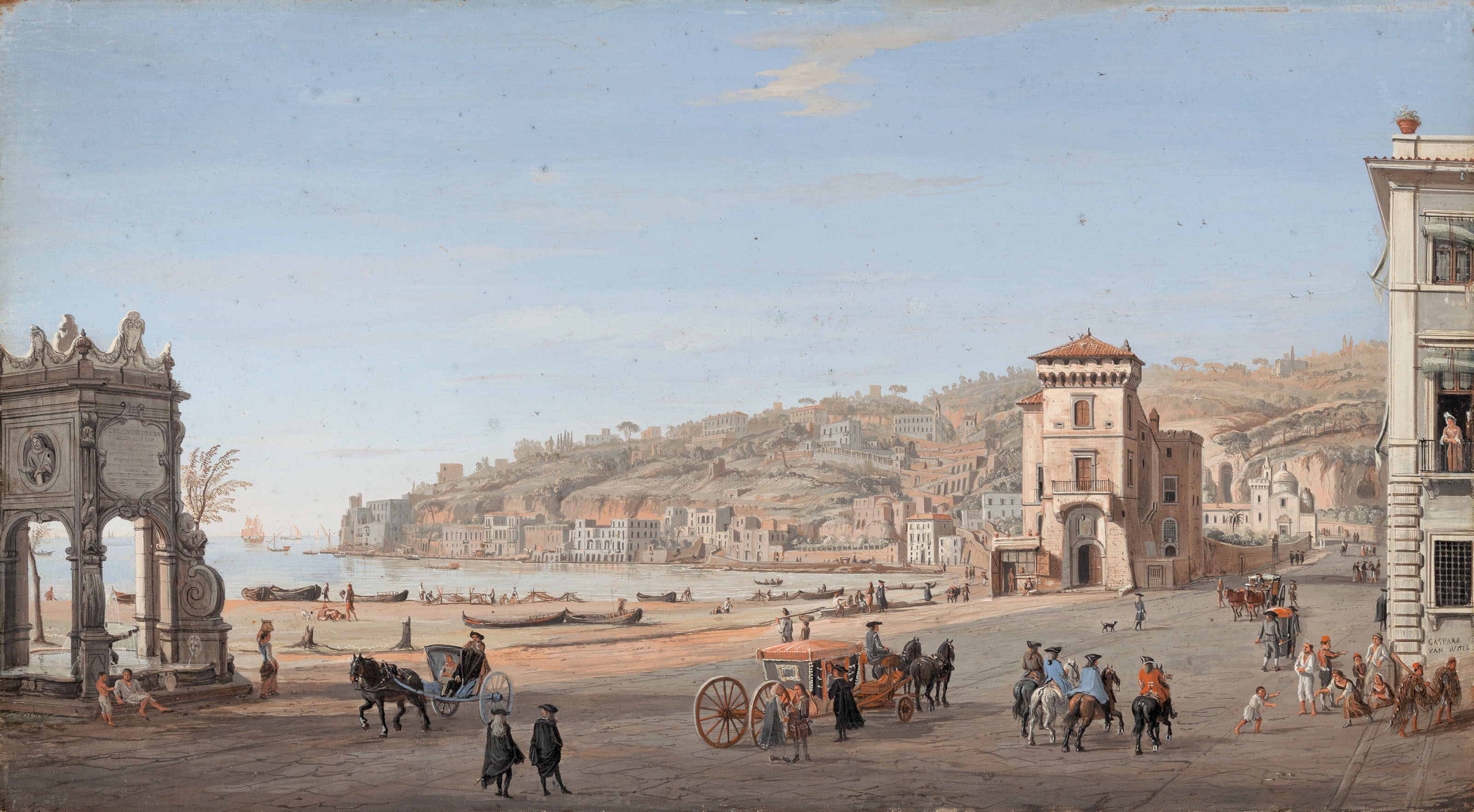 Gaspar van Wittel, called Vanvitelli (1652/1653-1736), Riviera di Chiaia, Naples. Bodycolour on panel, 11⅜ x 18&frac34;  in (26.3 x 47.7  cm). Estimate: &pound;180,000-220,000. Offered in Classic Art Evening Sale: Antiquity to 20th Century on 29 July 2020 at Christie&rsquo;s in London