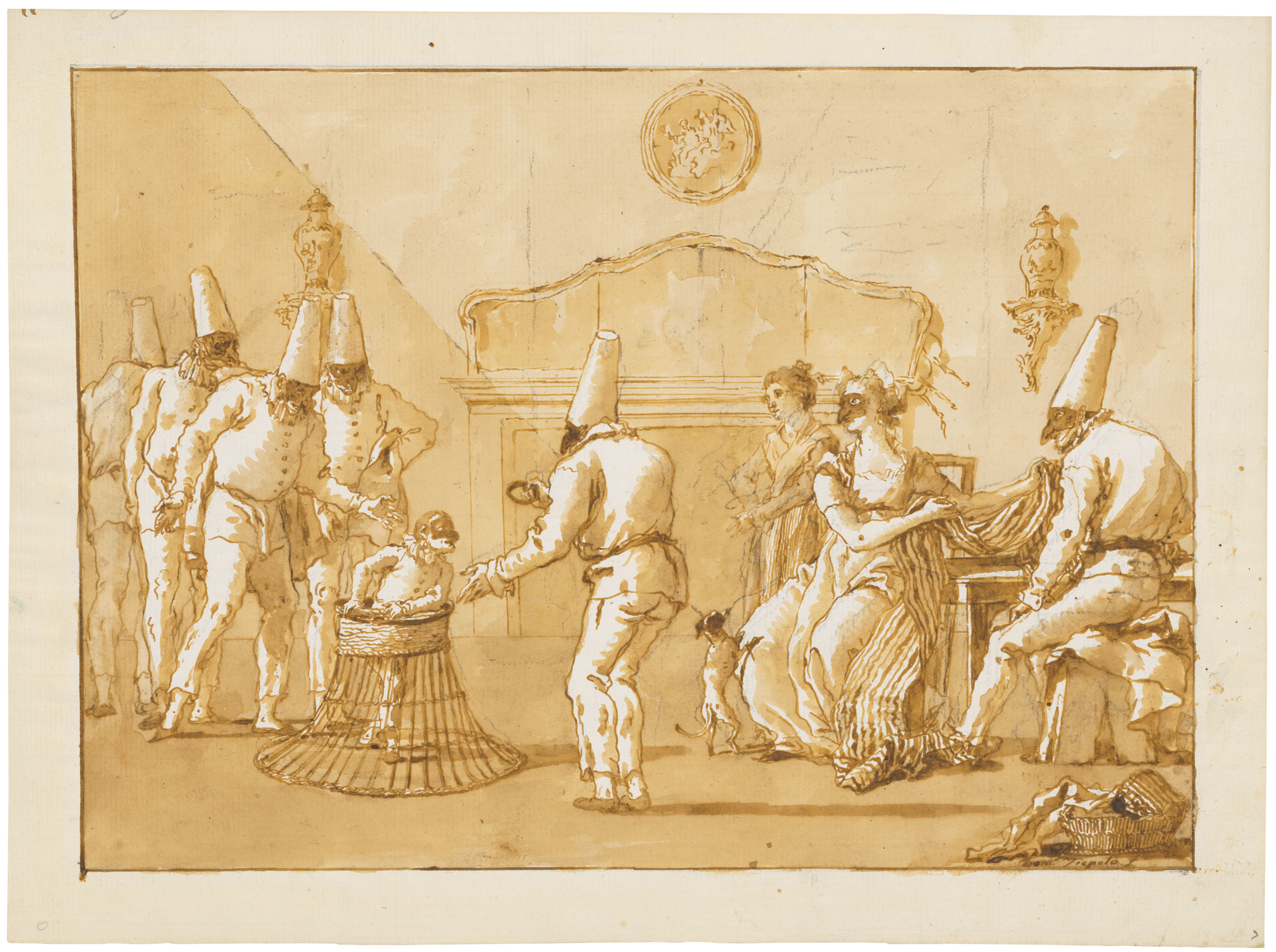 Giovanni Domenico Tiepolo (1727-1804), Punchinello learning to walk. Black chalk, pen and brown ink, brown wash. 13⅝ x 18⅜  in (34.5 x 46.6  cm). Estimate: &pound;300,000-400,000. Offered in Classic Art Evening Sale: Antiquity to 20th Century on 29 July 2020 at Christie&rsquo;s in London